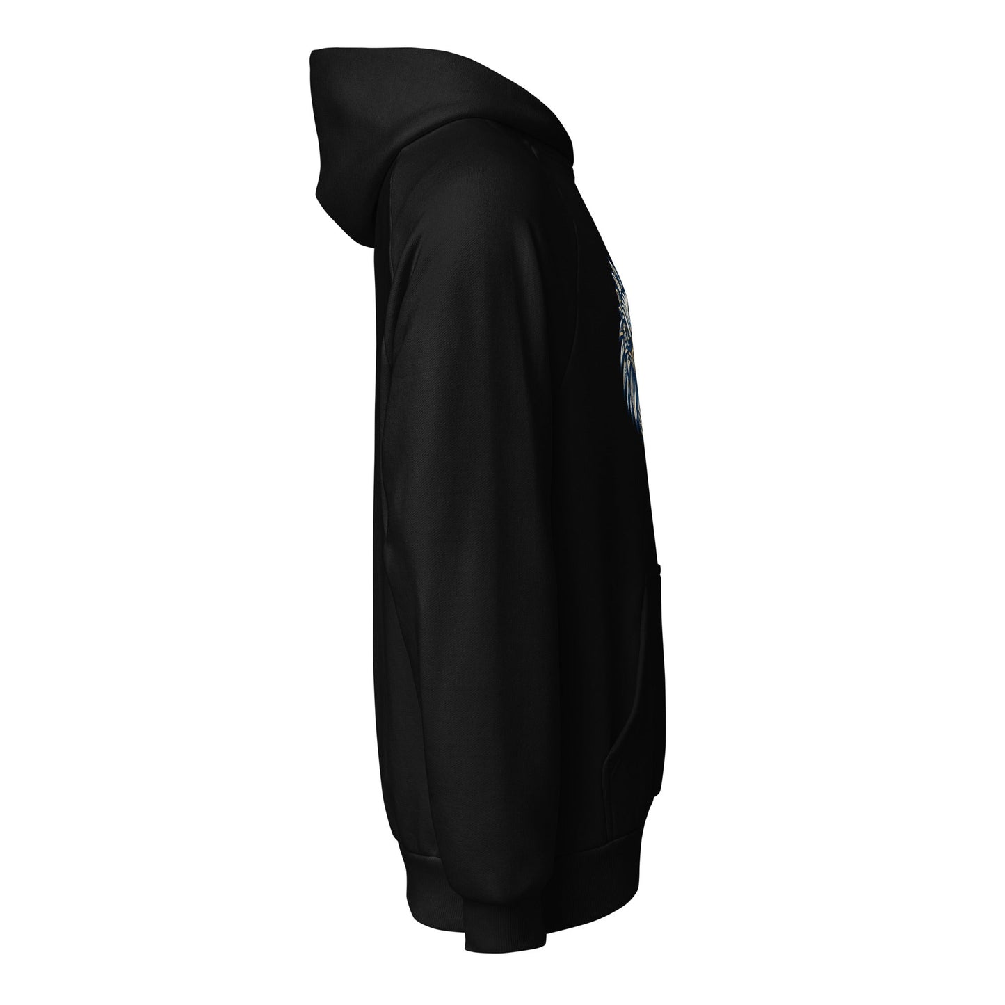 Black heavyweight hoodie in side view with sleeve and pocket seam detail