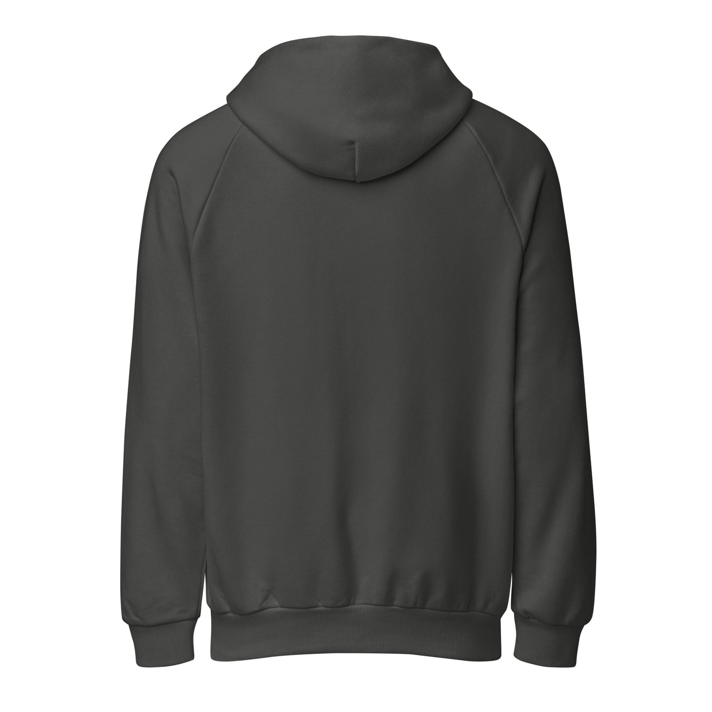 Dark heavyweight hoodie, back view with hood and ribbed cuffs
