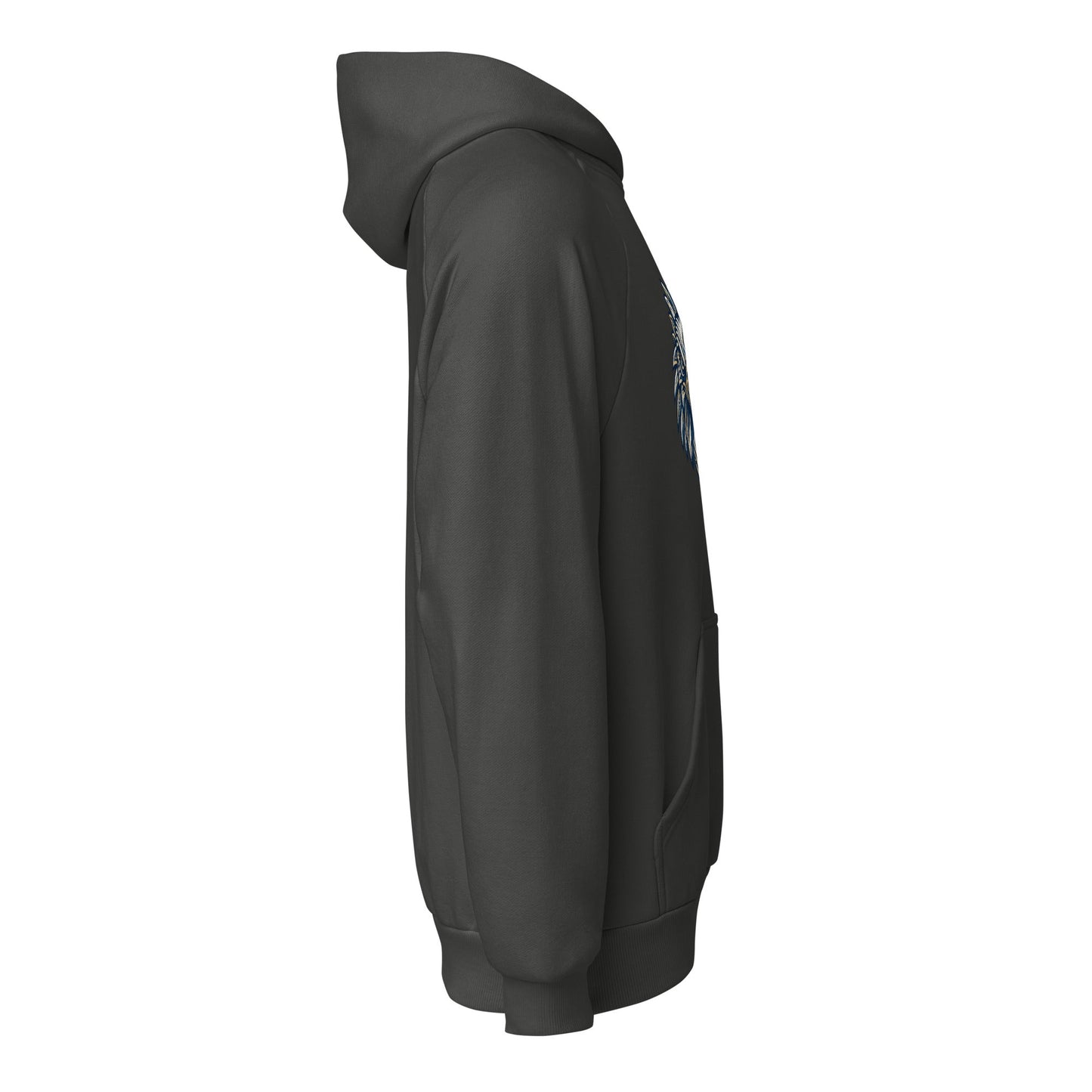 Dark heavyweight hoodie in side view, showing shoulder seam and pocket detail