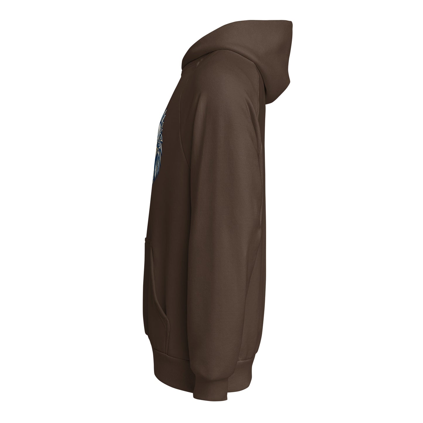 Brown heavyweight hoodie in side view with hood and ribbed hem