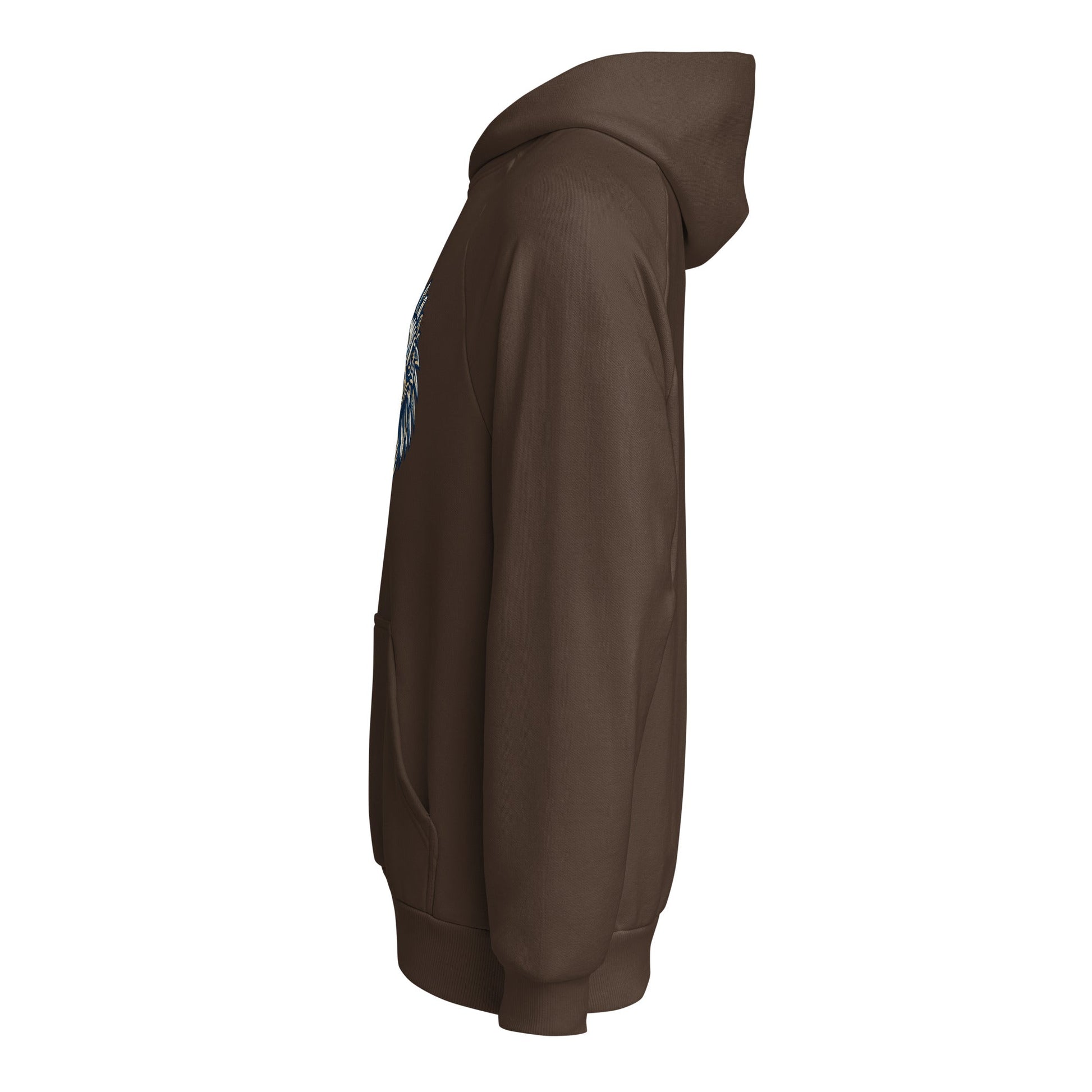Brown heavyweight hoodie in side view with hood and ribbed hem