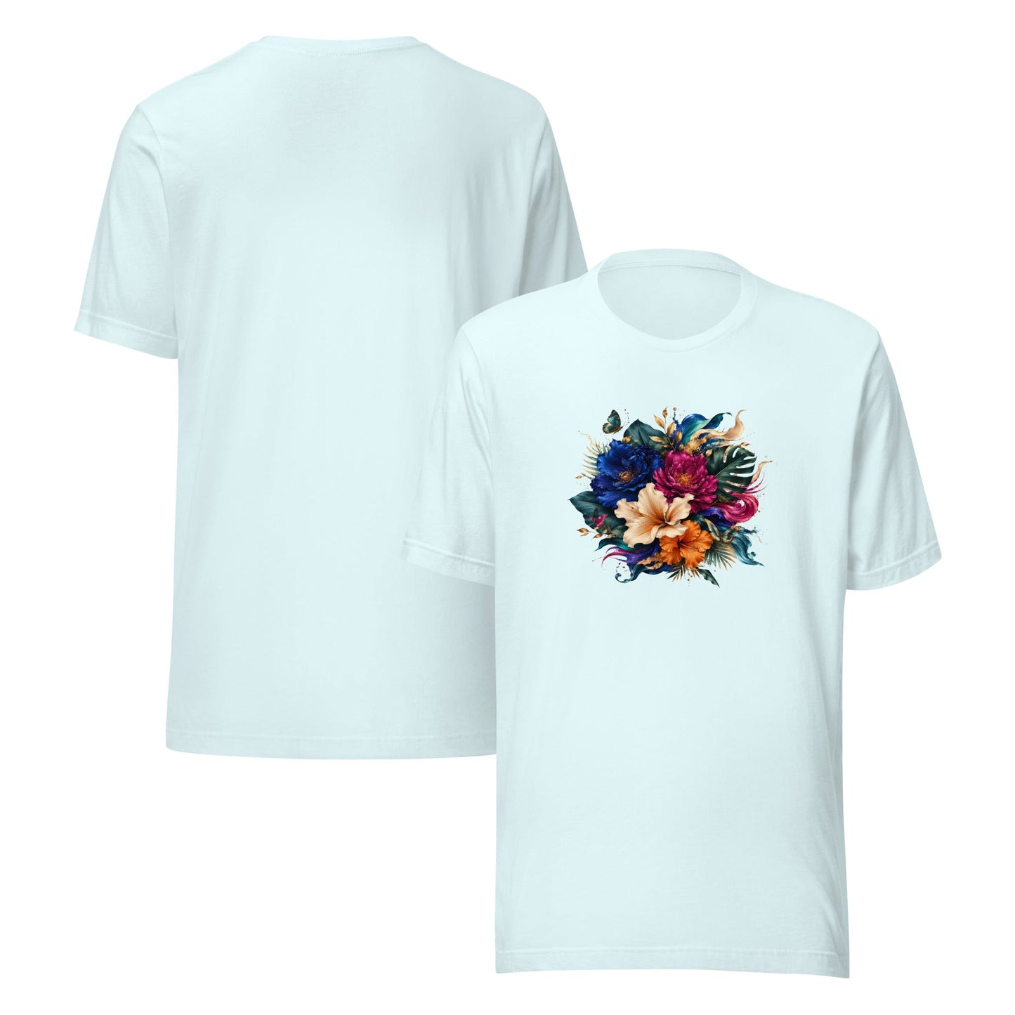 Men's light blue graphic tee set with colorful flower design on the front