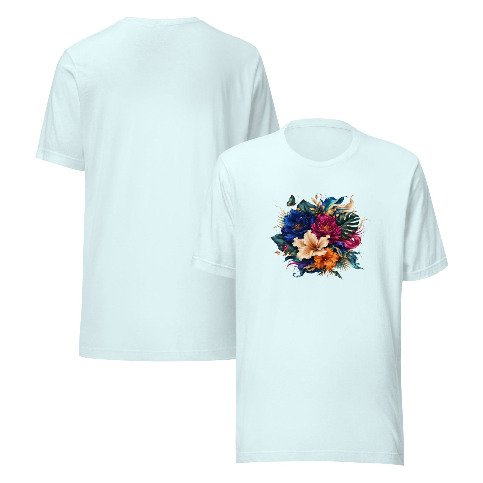 Men's light blue graphic tee set with colorful flower design on the front