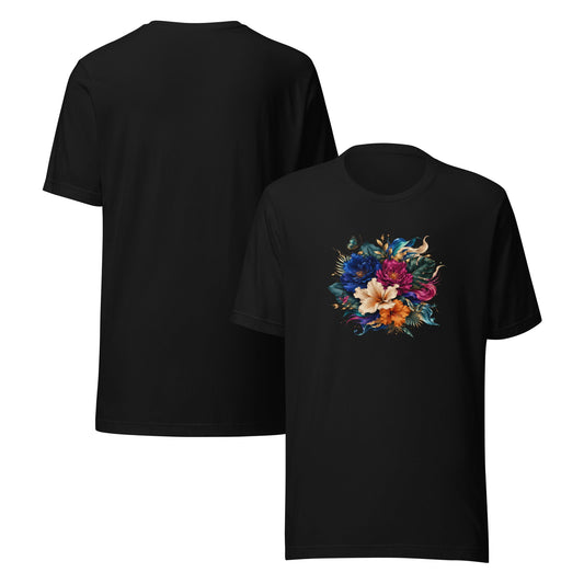 Men's black graphic tee set with colorful floral burst design on the front