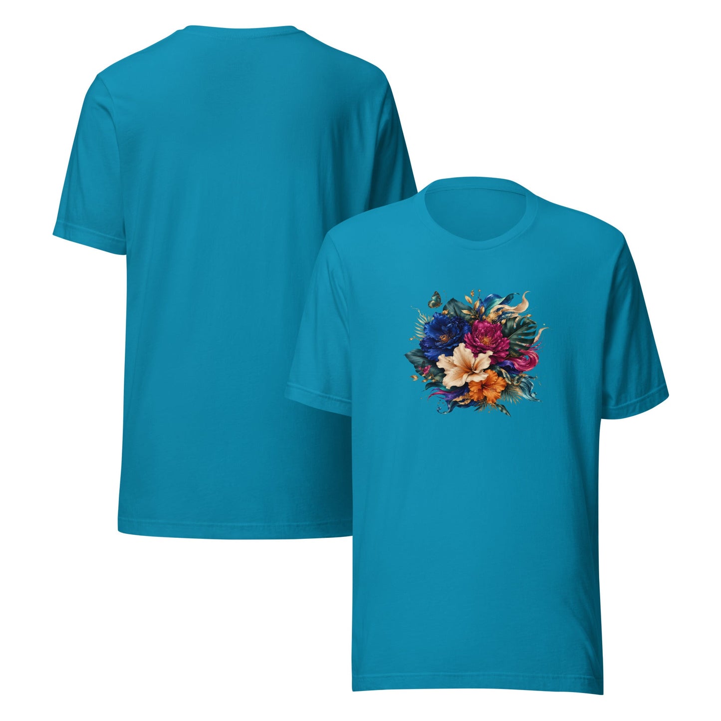 Men's aqua blue graphic tee set with colorful flower design on the front