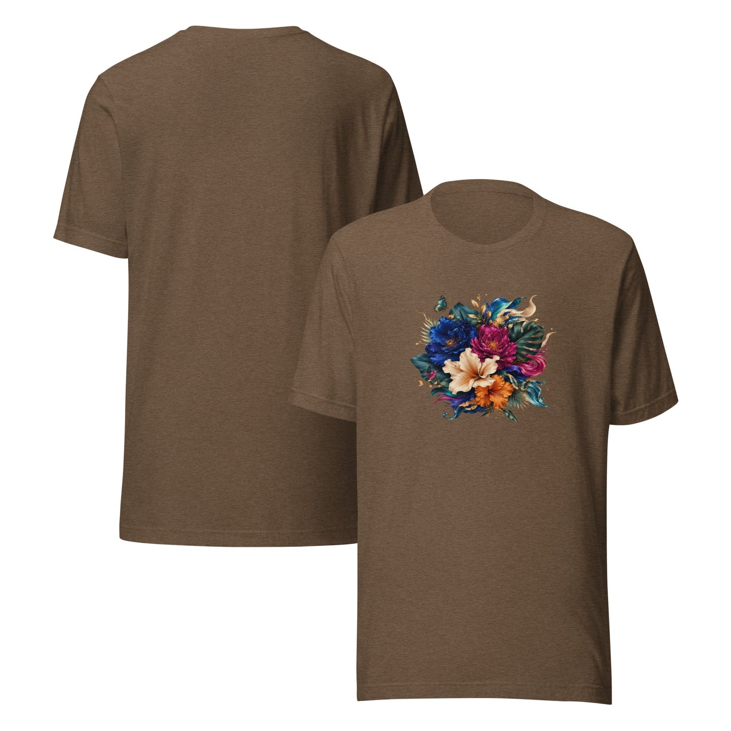 Men's heather brown graphic tee set with colorful flower design on the front