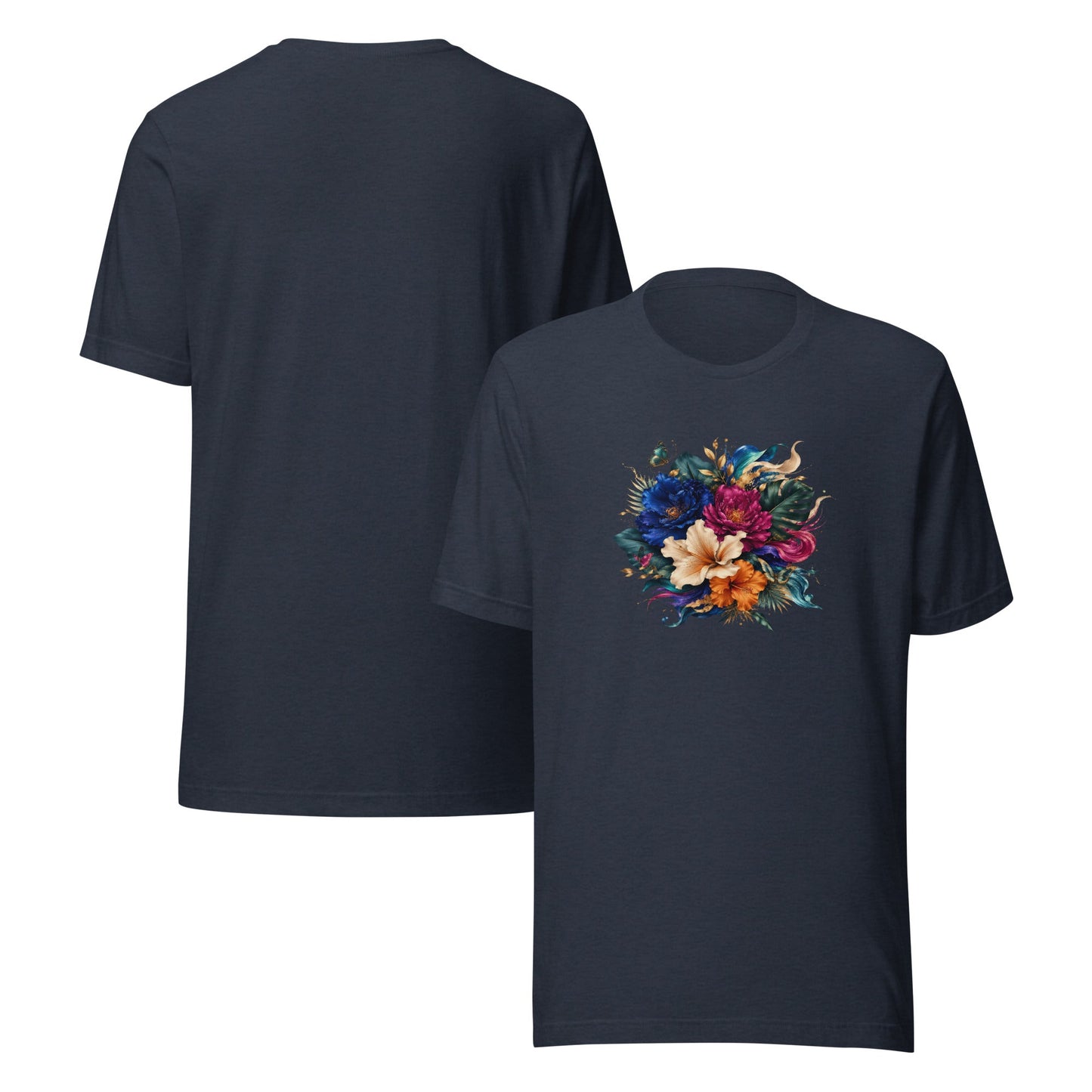 Men's heather navy graphic tee set with colorful flower design on the front