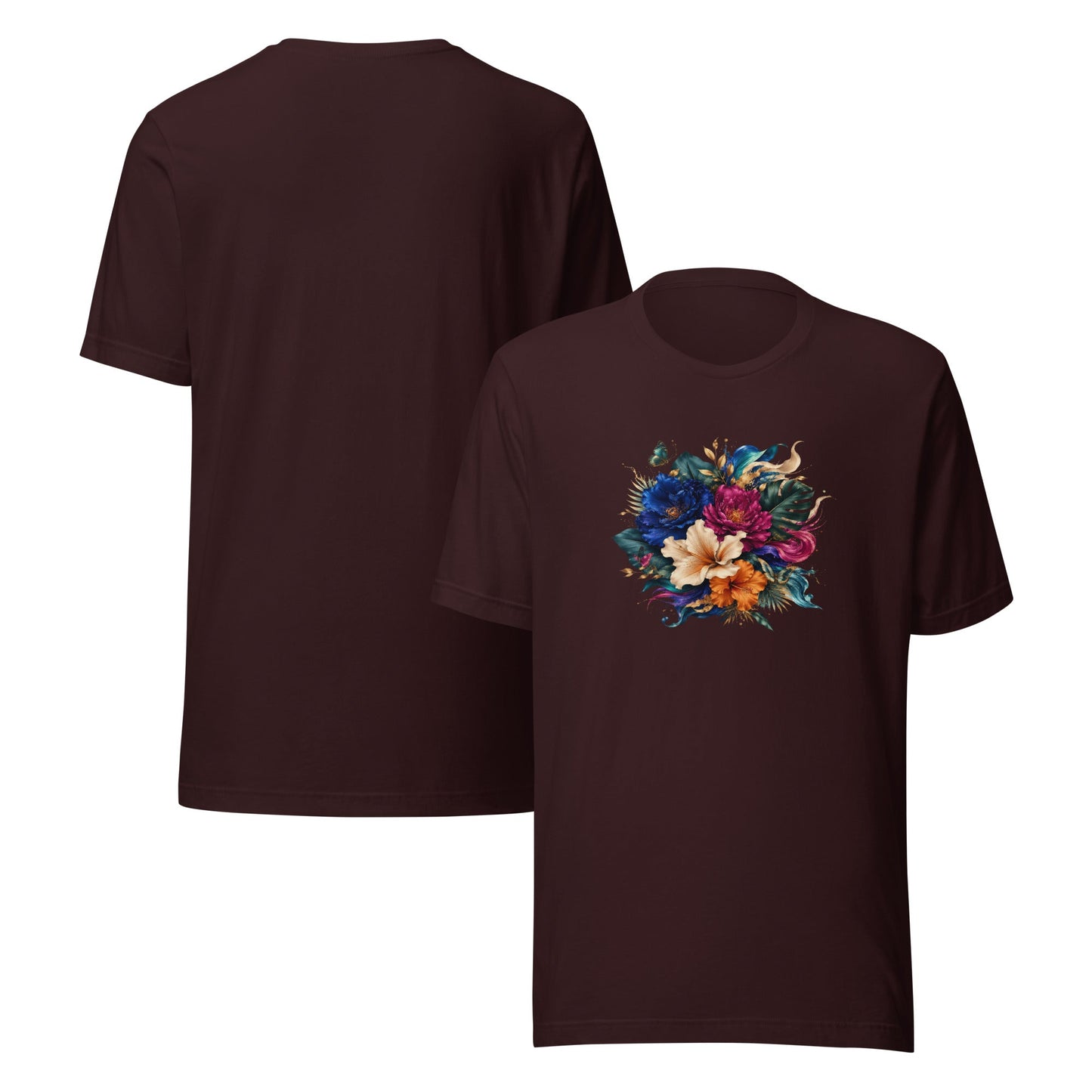 Men's heather brown-red graphic tee set with colorful flower design on the front