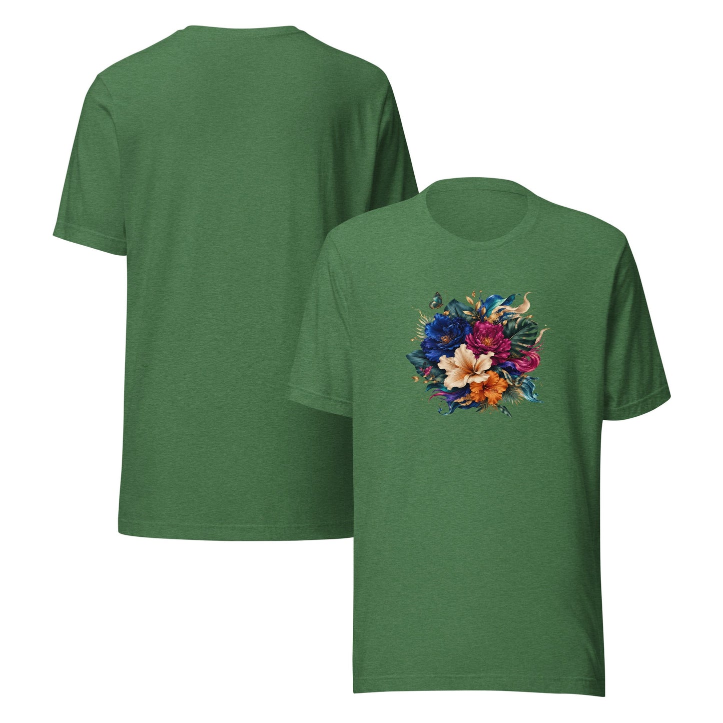 Men's heather green graphic tee set with colorful flower design on the front