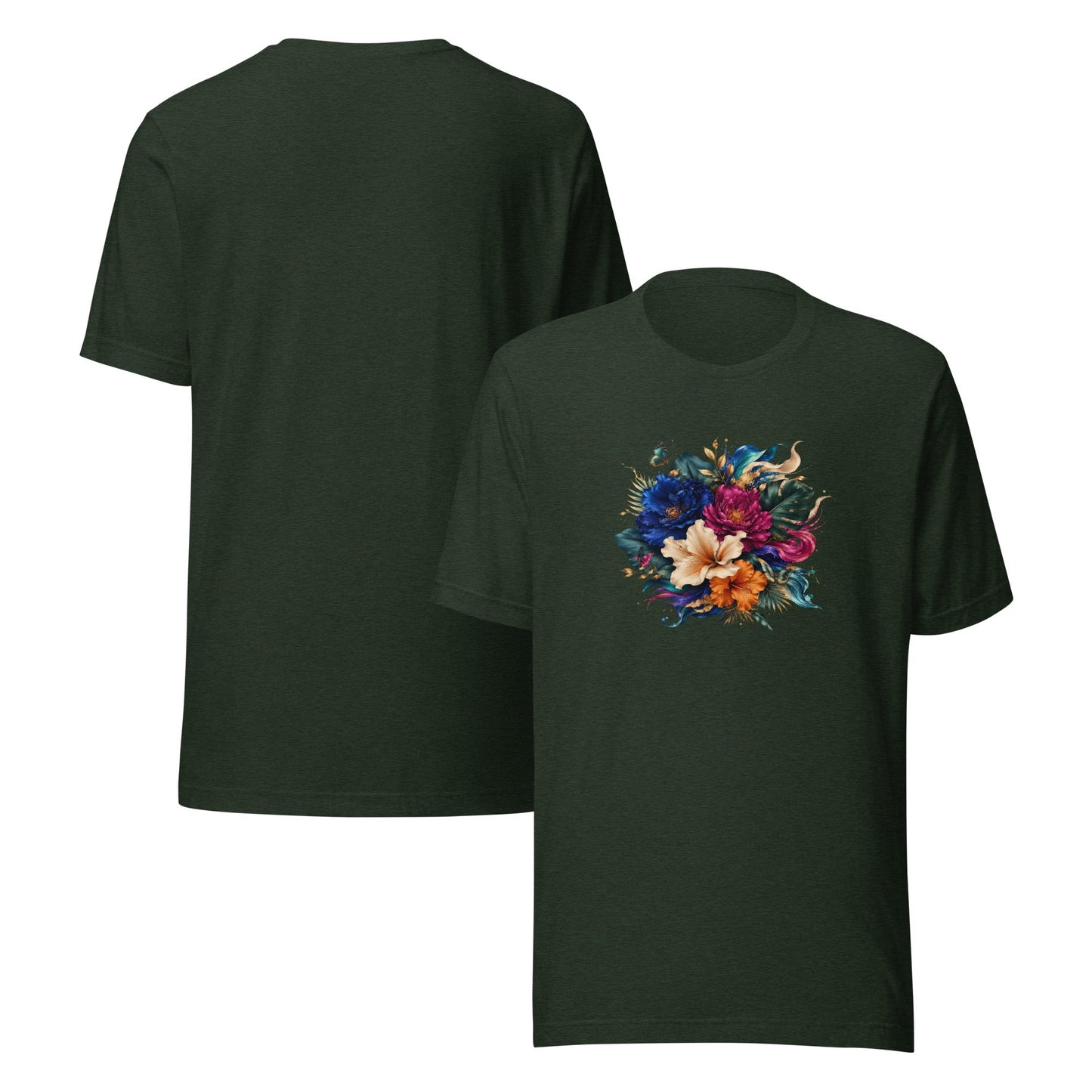 Men's dark green graphic tee set with colorful flower design on the front