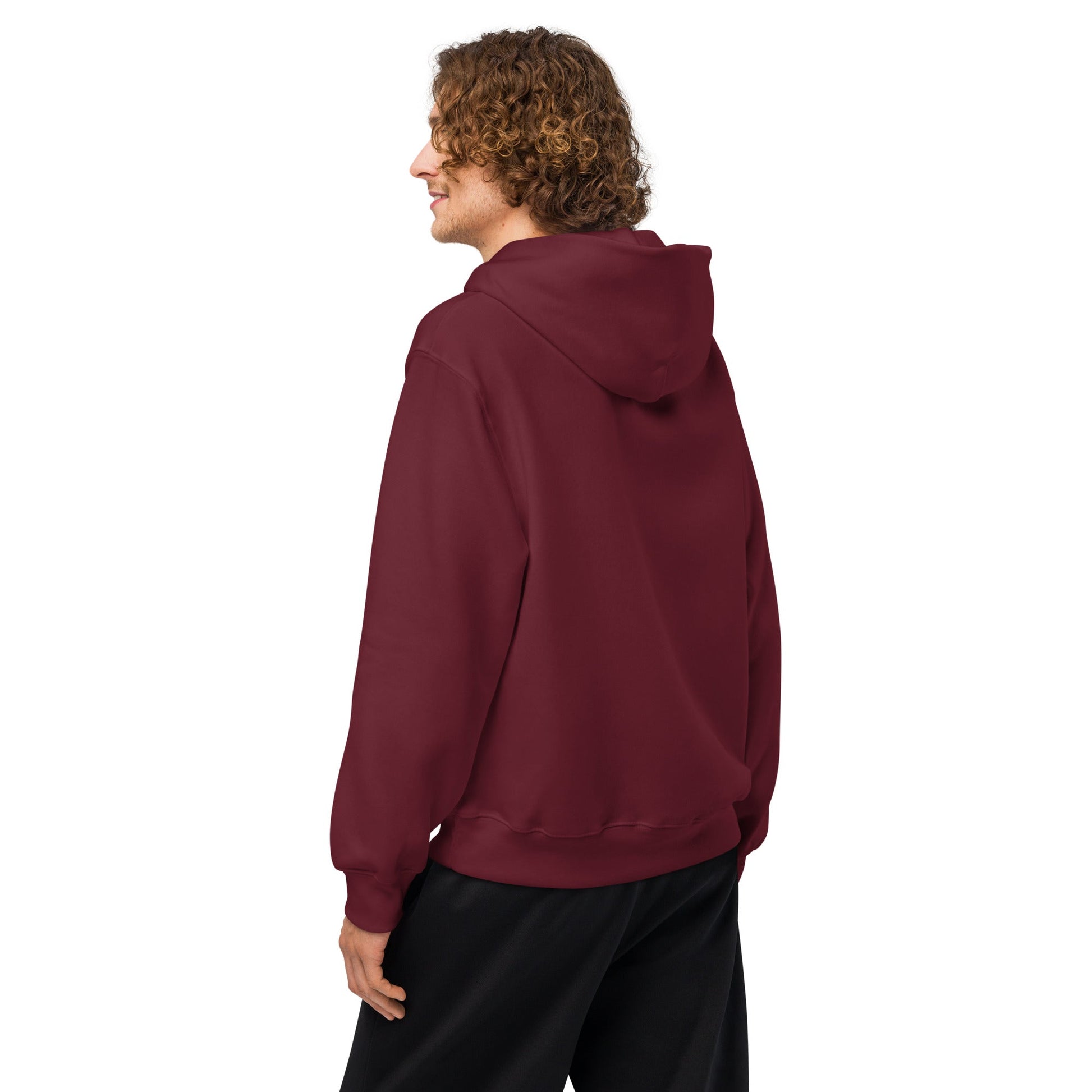 Maroon North Pyramids heavyweight oversized hoodie, side view with hood
