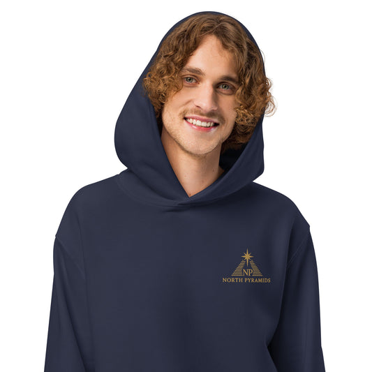 Navy oversized hoodie with hood, front kangaroo pocket, and small North Pyramids logo.