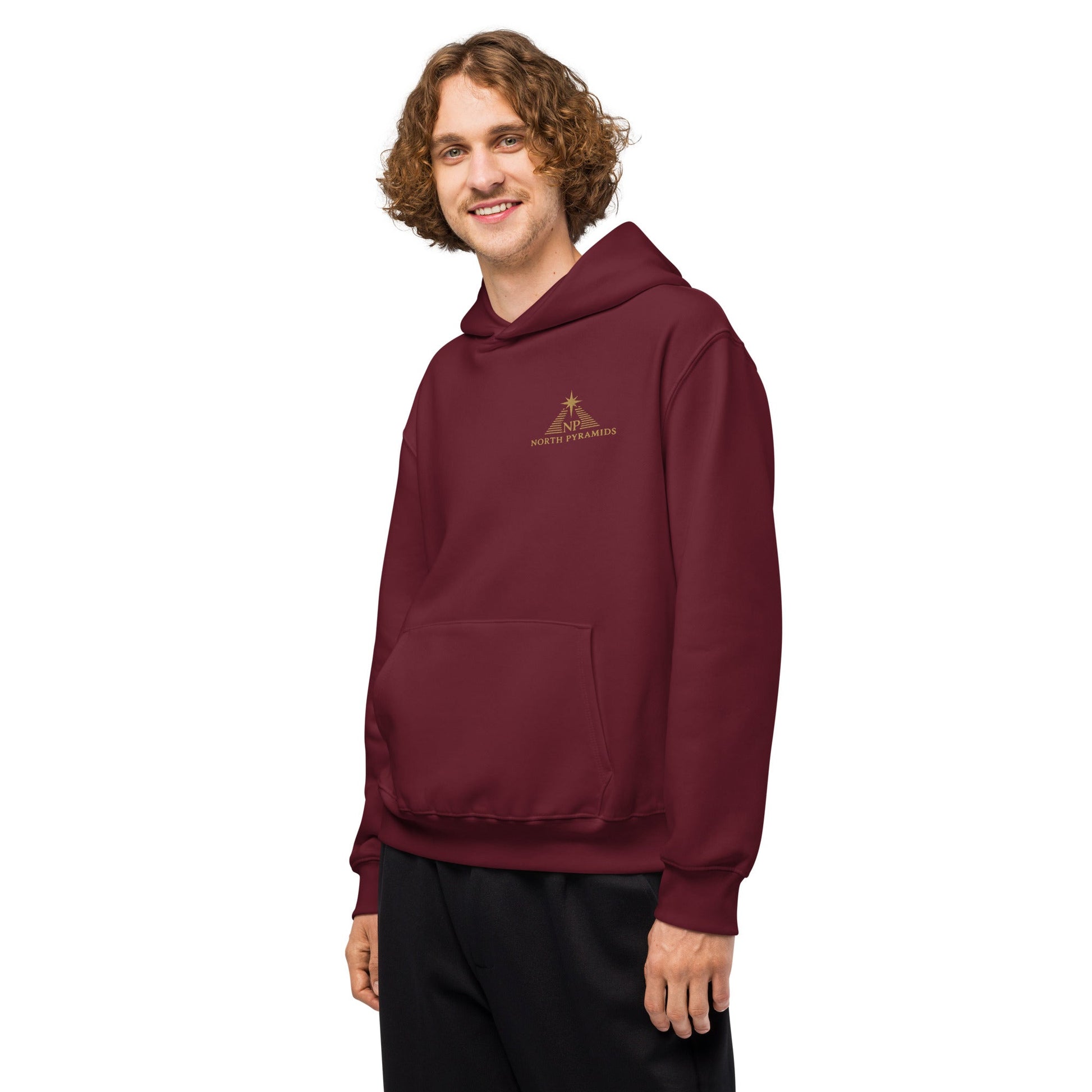 Maroon North Pyramids heavyweight oversized hoodie, side view with front pocket