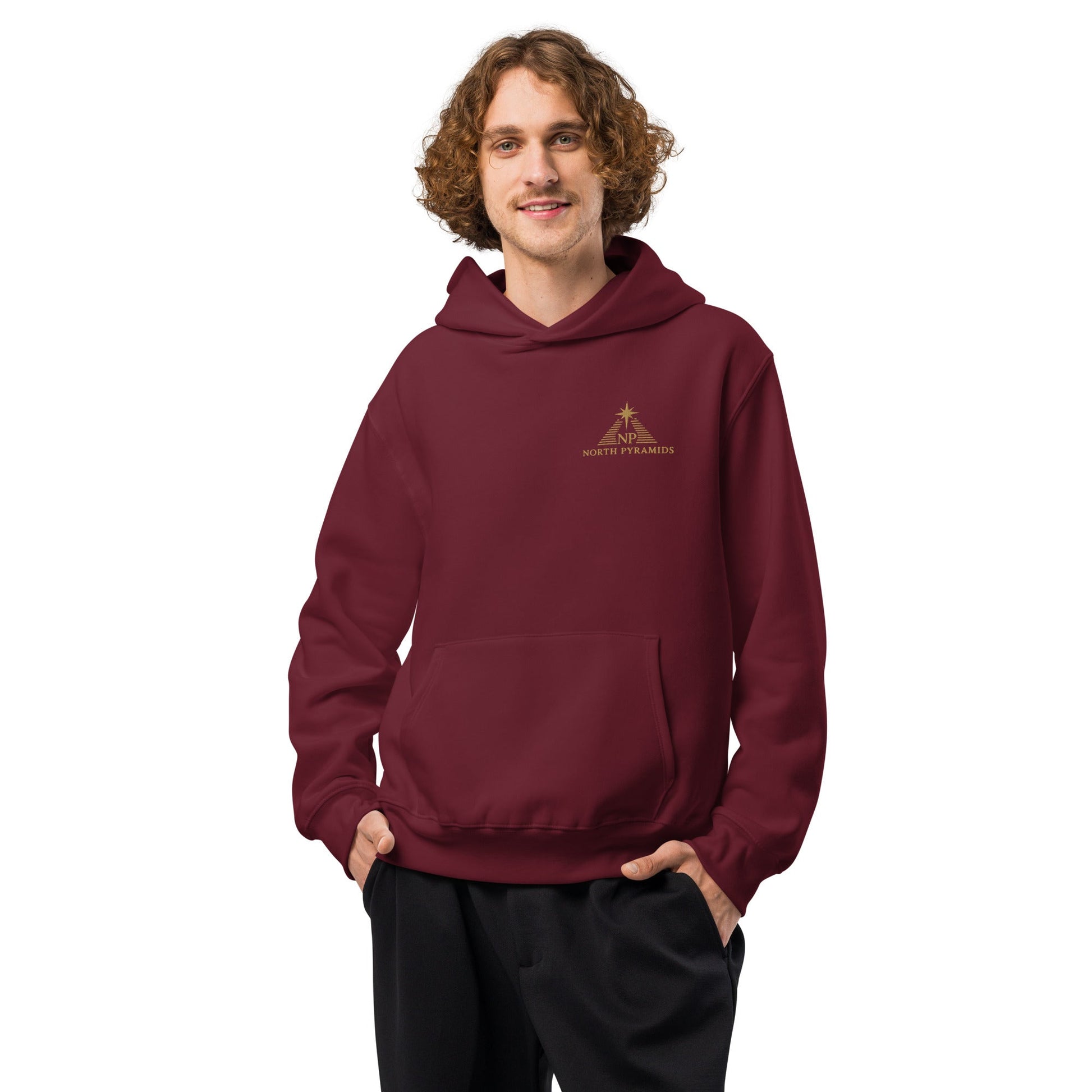 Maroon North Pyramids heavyweight oversized hoodie, front view with hood pocket