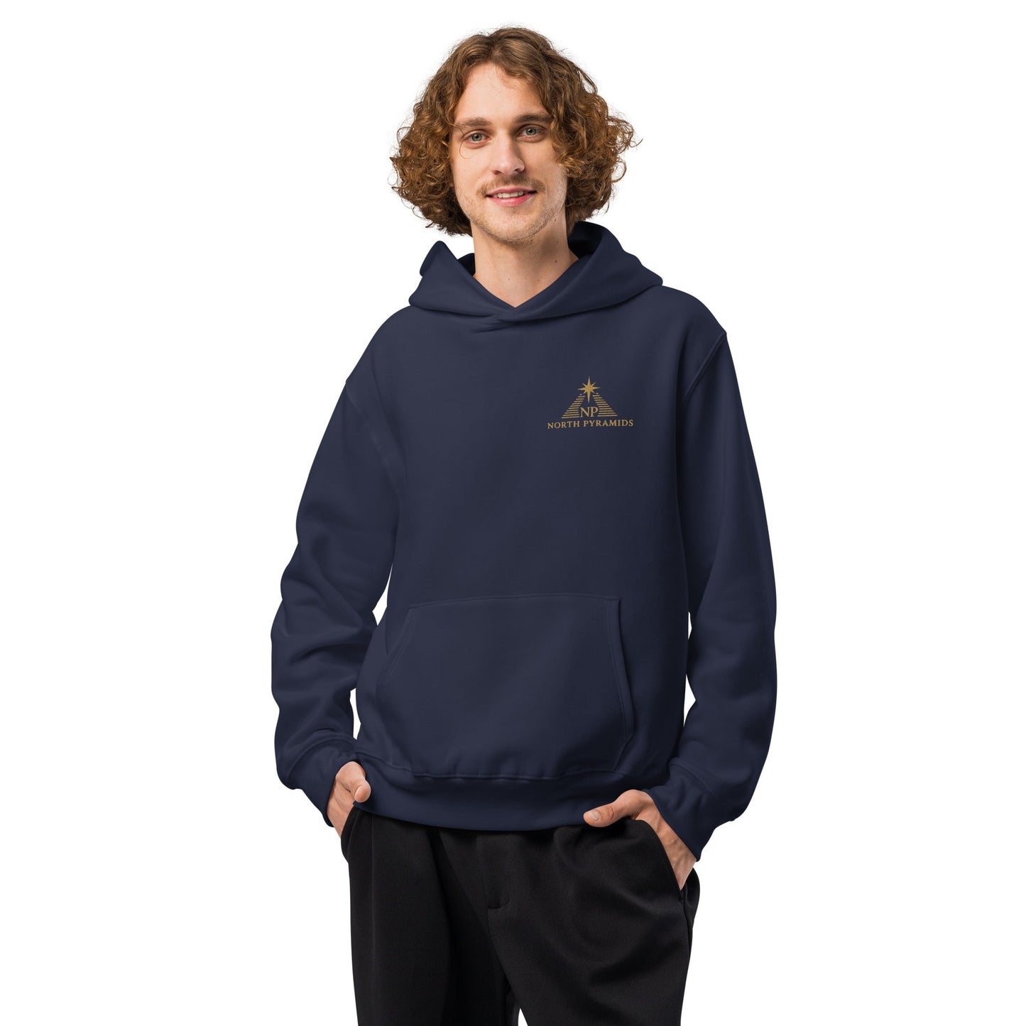 Navy oversized hoodie with hood, front kangaroo pocket, and North Pyramids chest logo.