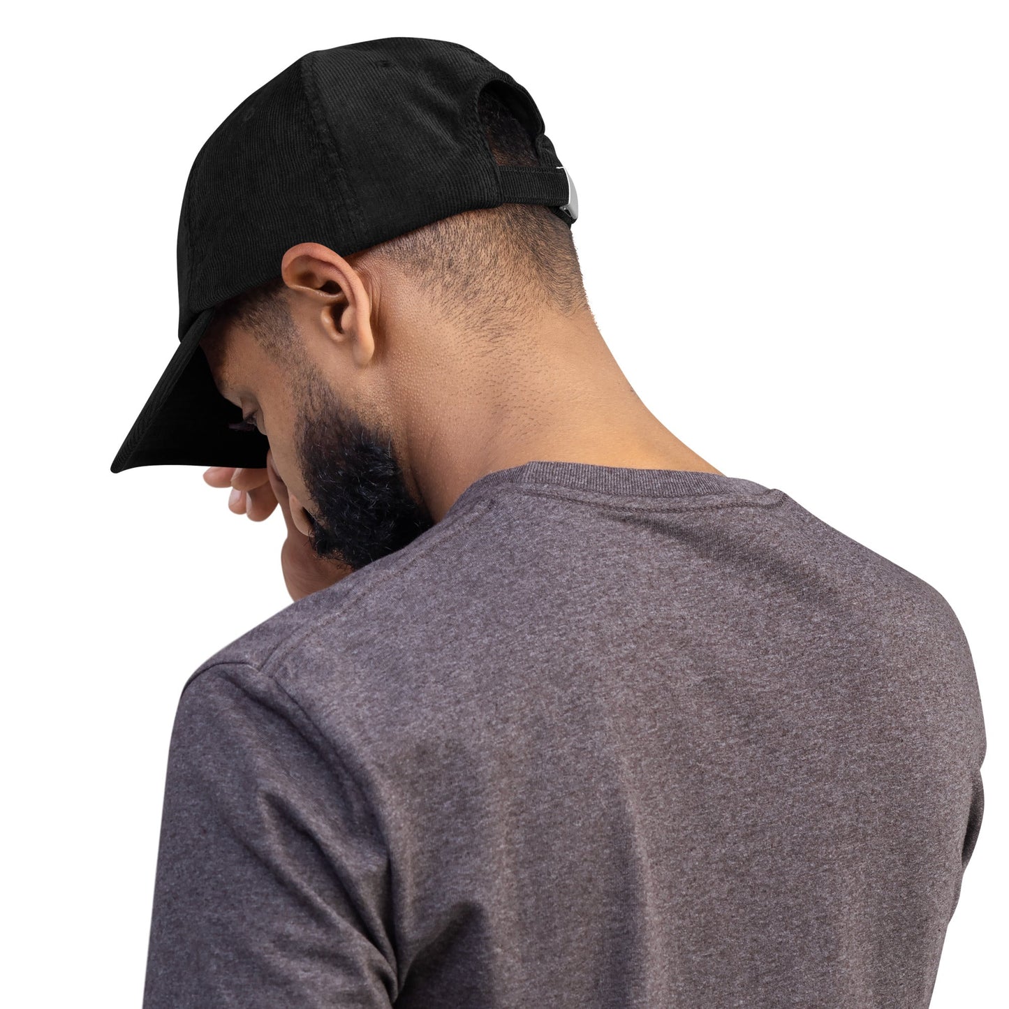 Black corduroy heritage hat shown from the side with “BUILT FOR LEGACY” on front panel