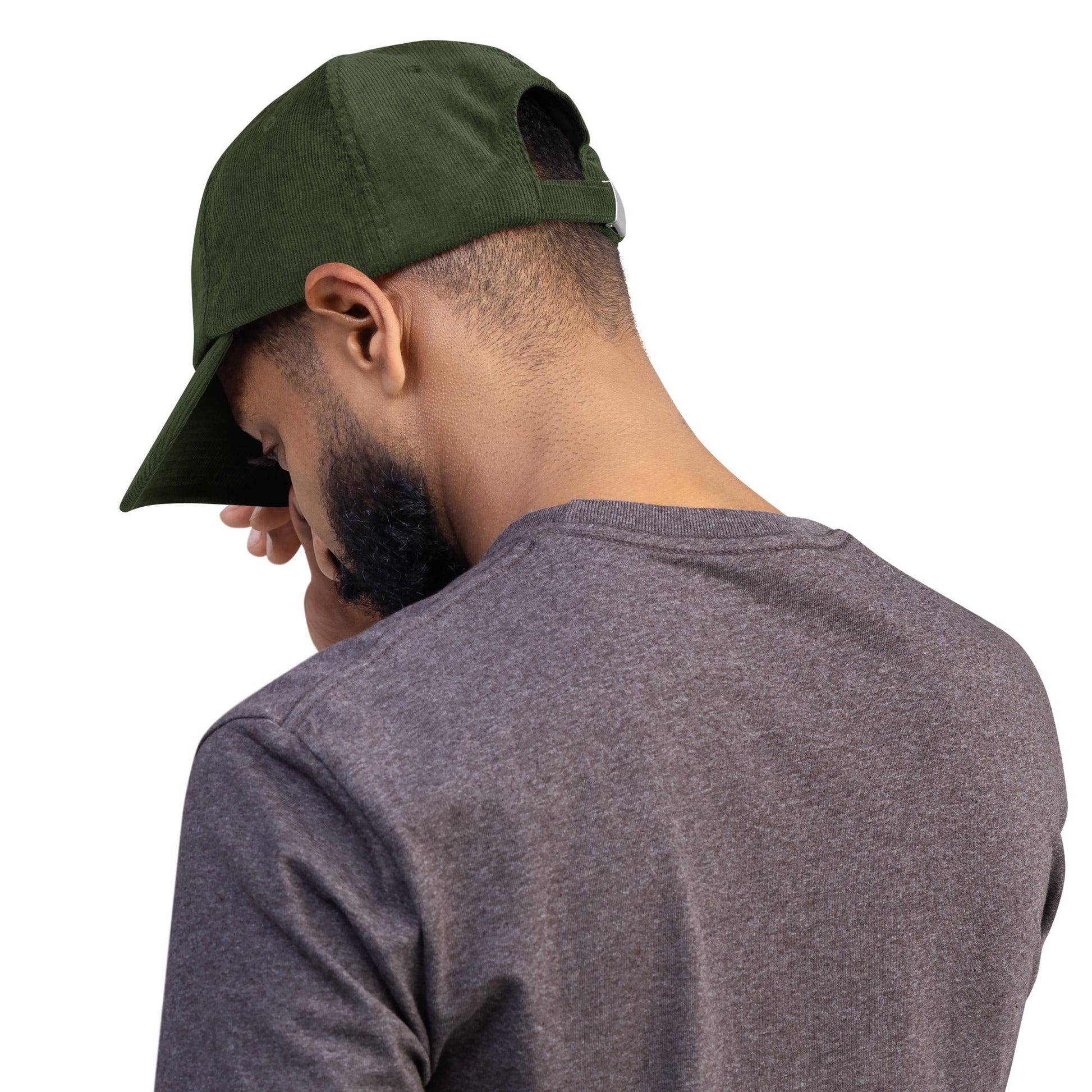Dark olive corduroy heritage hat viewed from the side with front embroidery visible