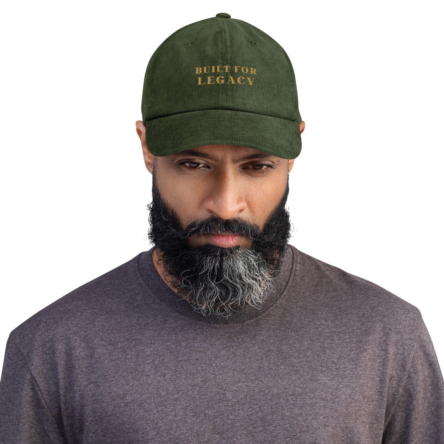 Dark olive corduroy heritage hat with “BUILT FOR LEGACY” embroidered on the front