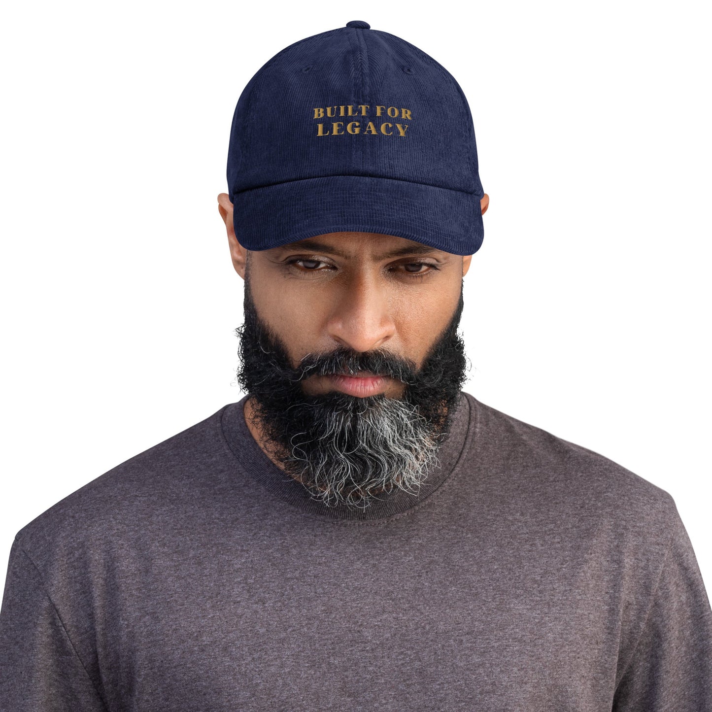 Oxford navy corduroy heritage hat with “BUILT FOR LEGACY” embroidered on the front
