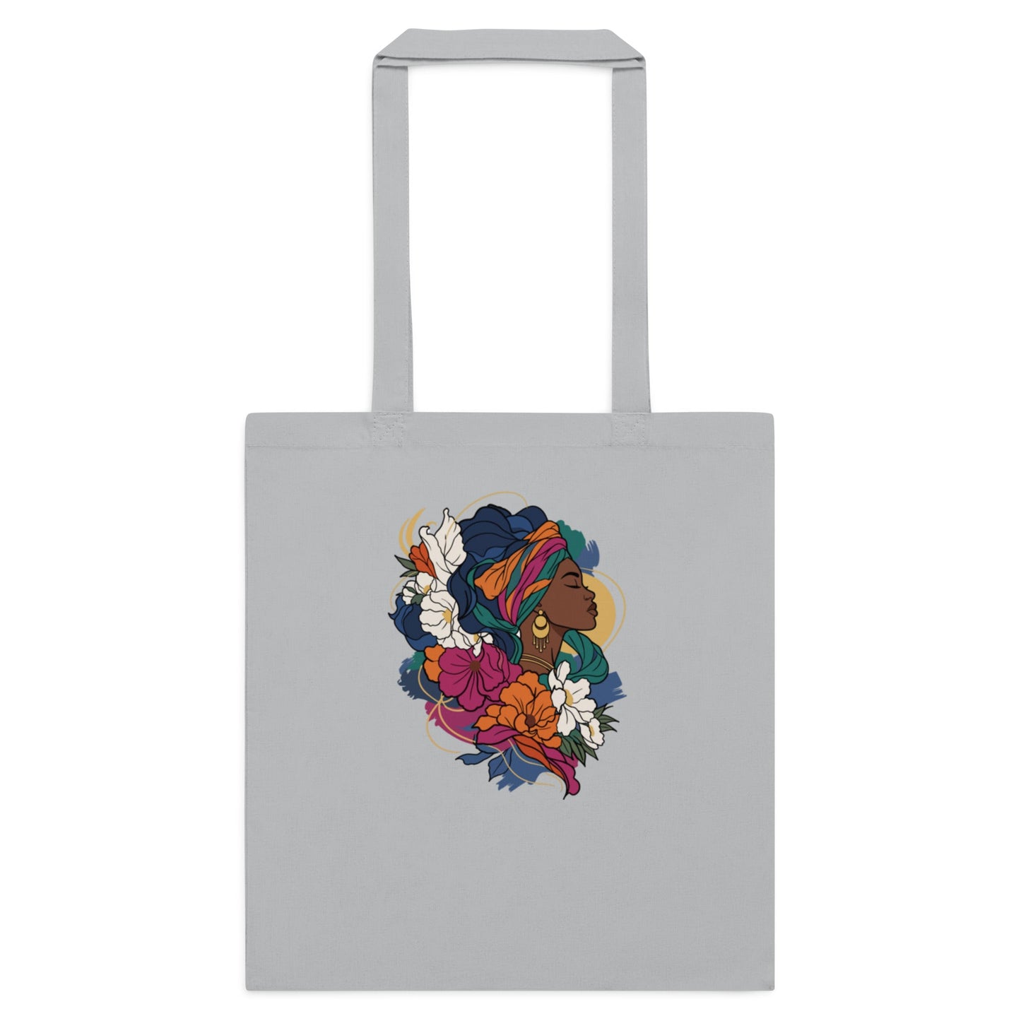 Light grey cotton tote bag with colorful profile illustration on front