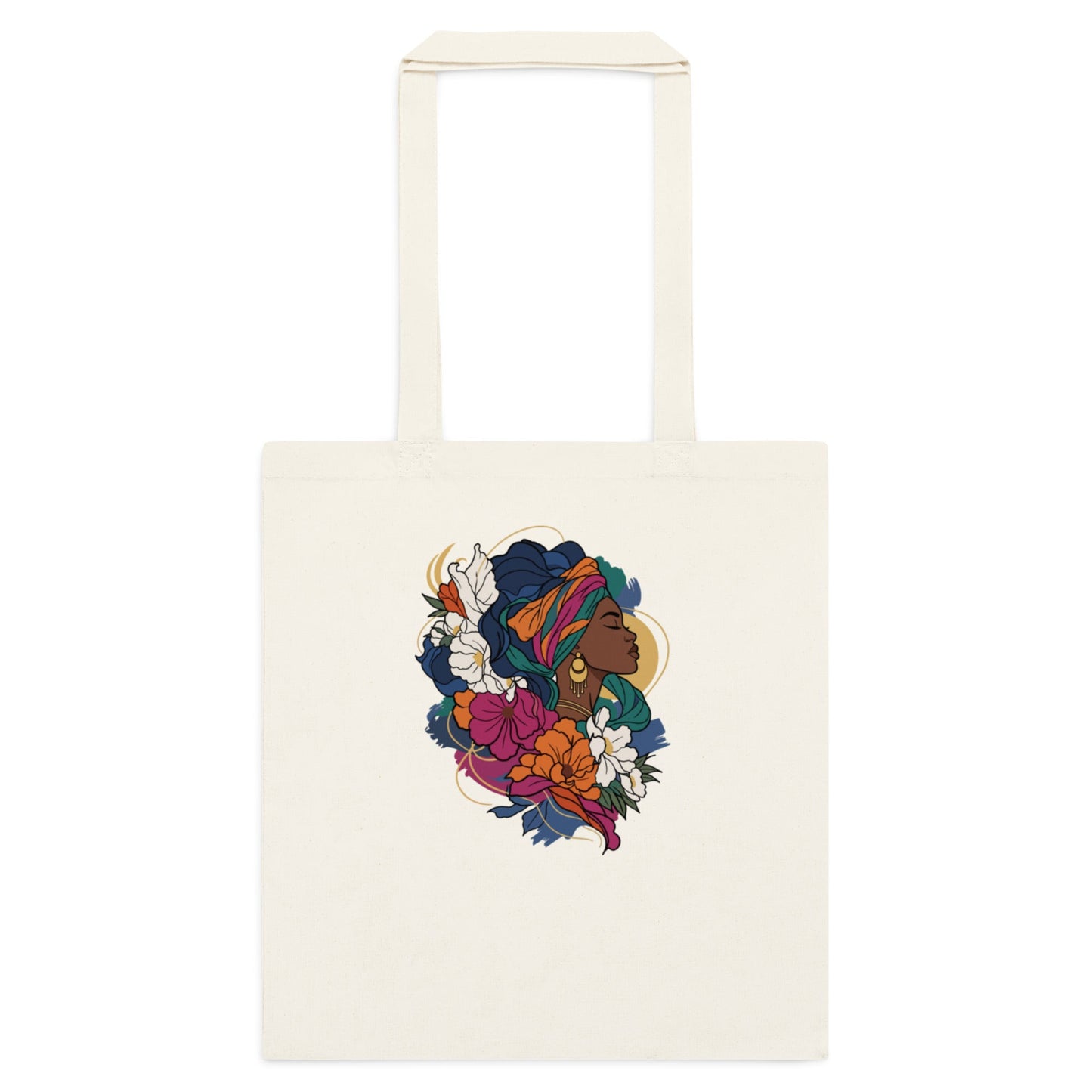 Natural cotton tote bag with colorful profile illustration on front