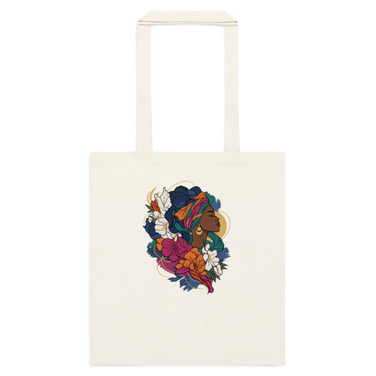 Natural cotton tote bag with colorful profile illustration on front