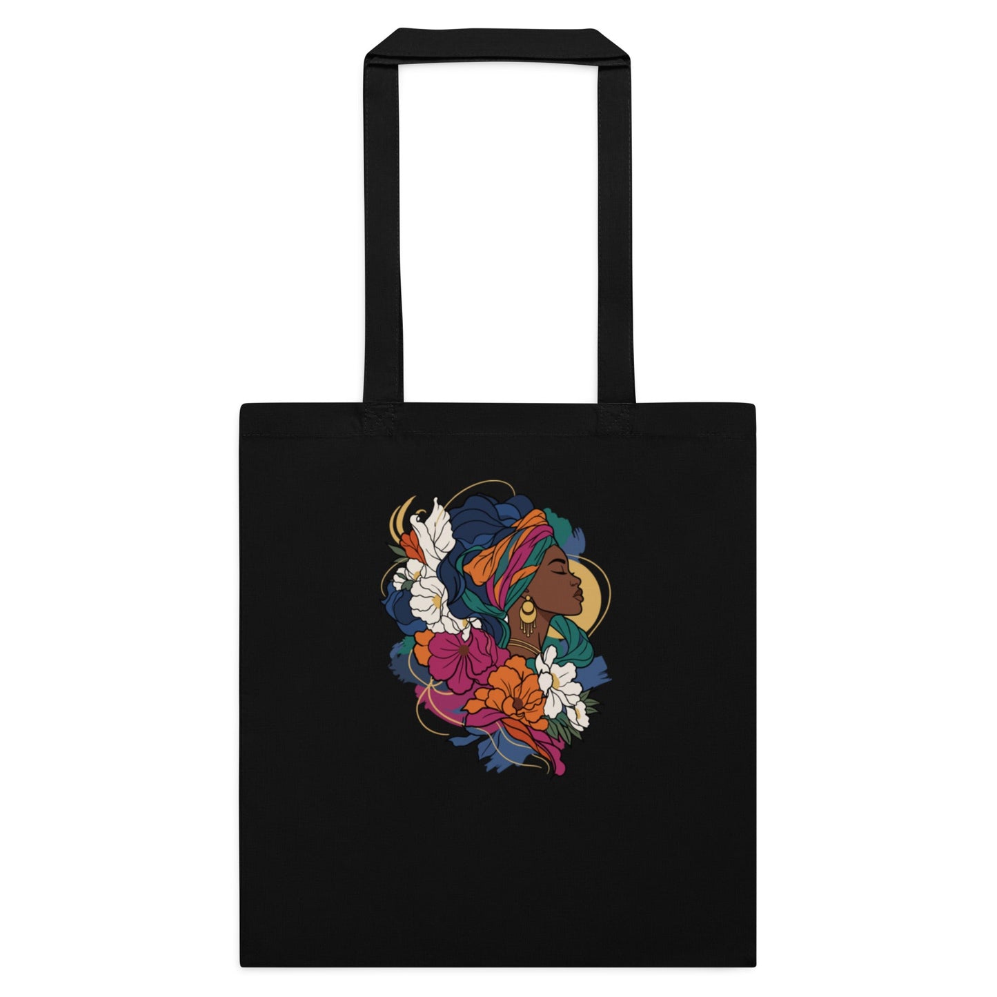 Black cotton tote bag with colorful profile illustration on front