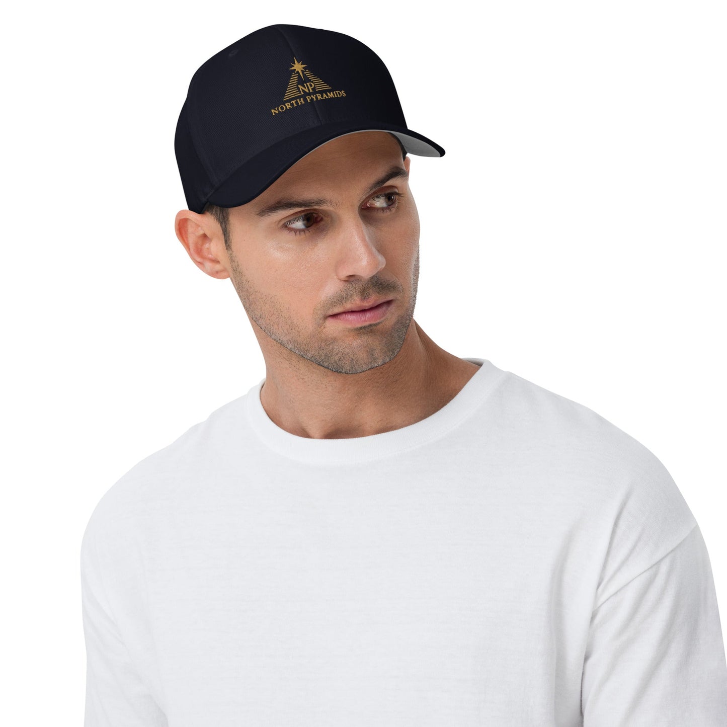 Black structured cap with front gold emblem and curved visor