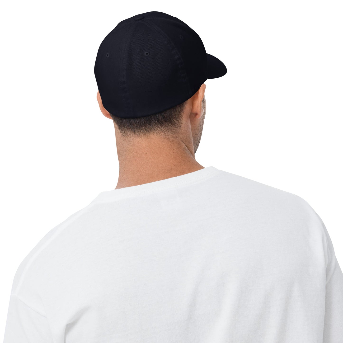 Black structured cap, rear panel view with curved brim