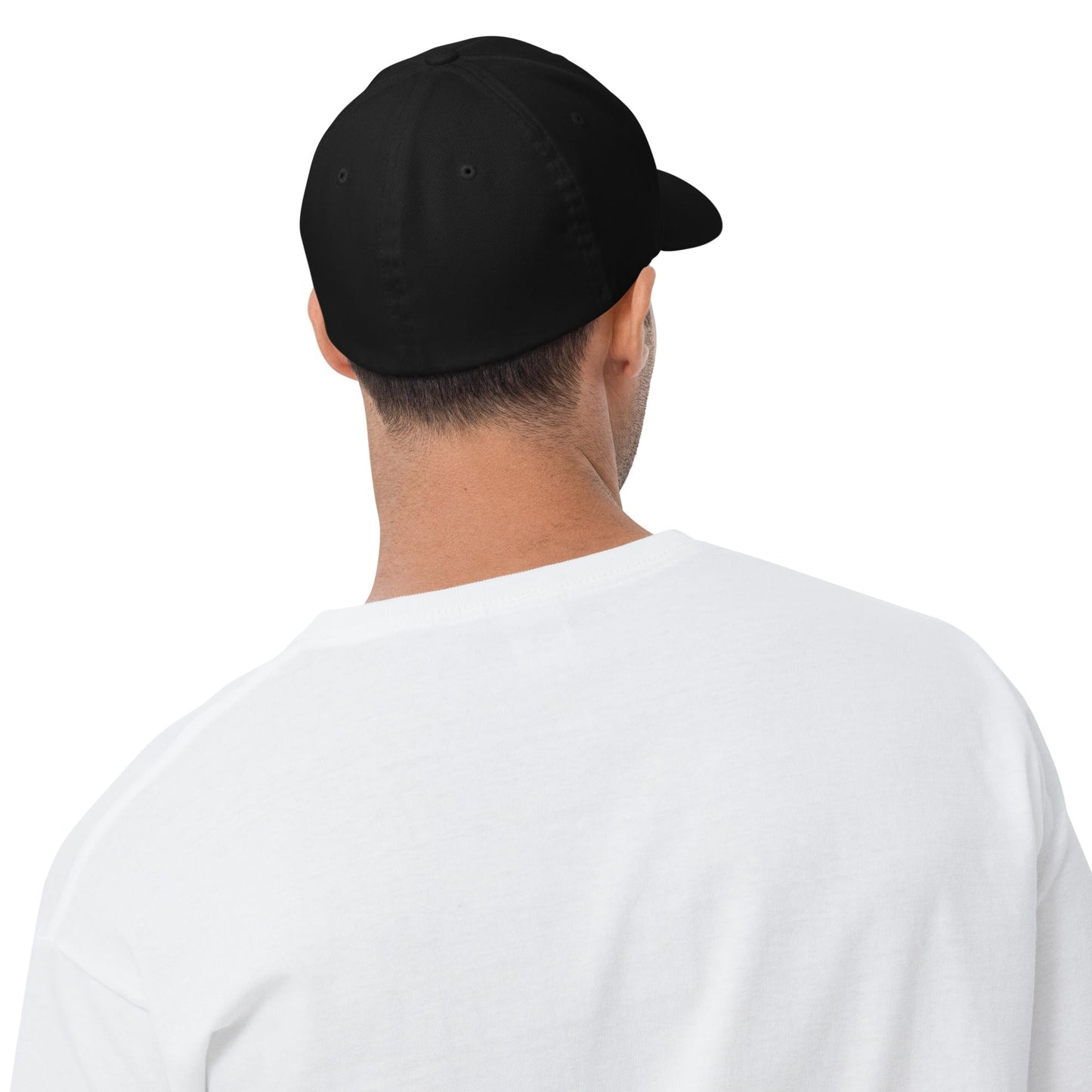 Black structured cap, back view with curved brim