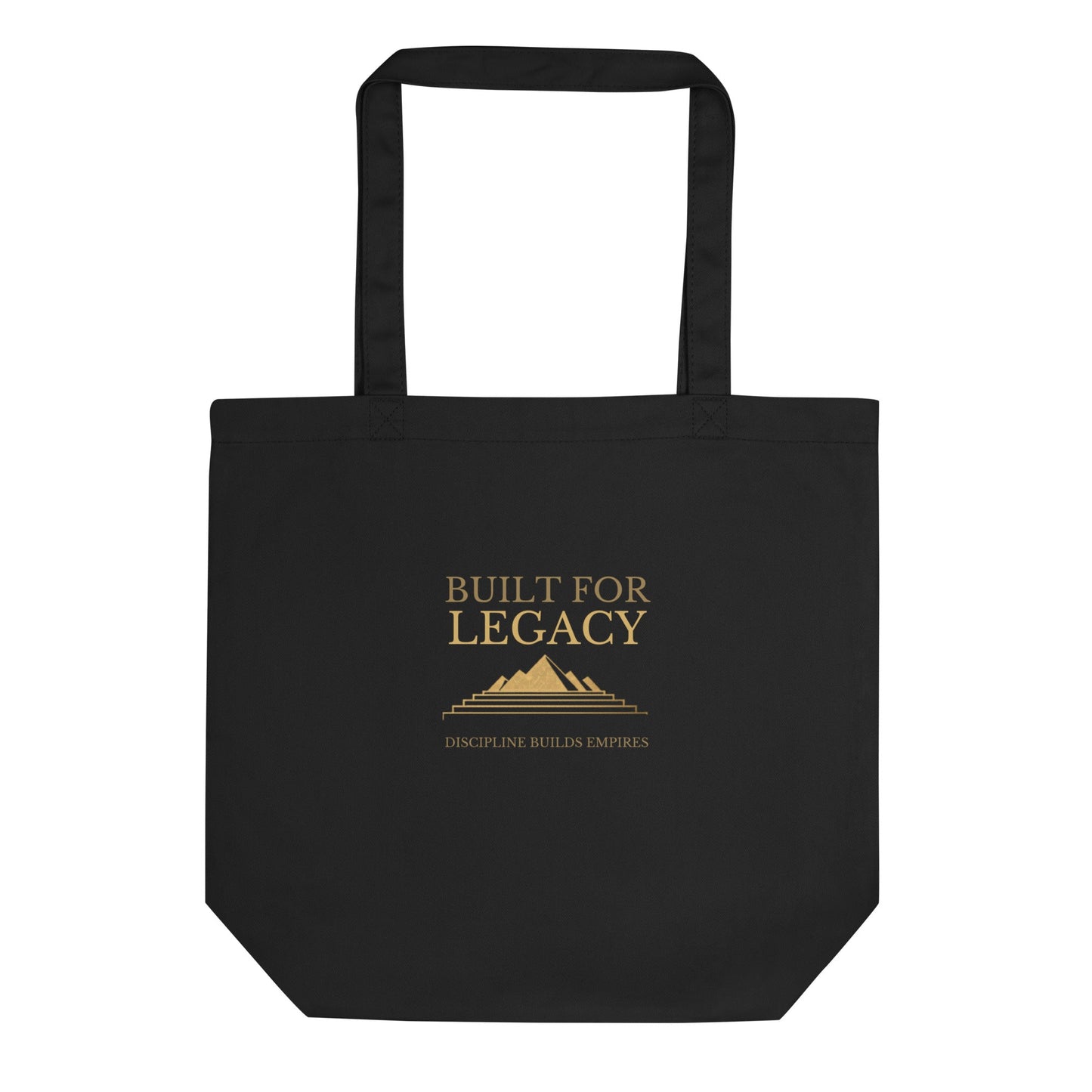 Black tote bag with “Built for Legacy” front print and top handles