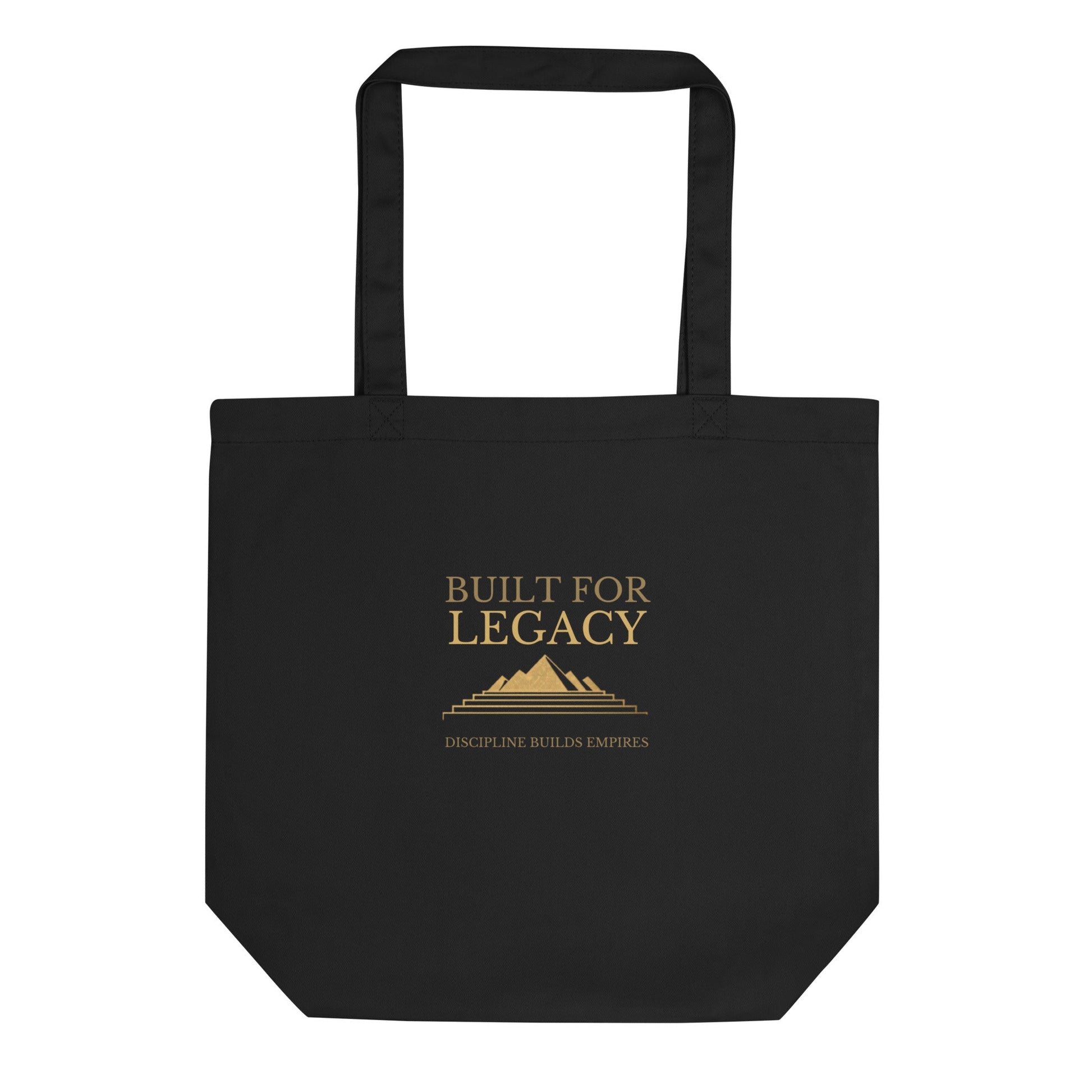 Black tote bag with “Built for Legacy” front print and top handles
