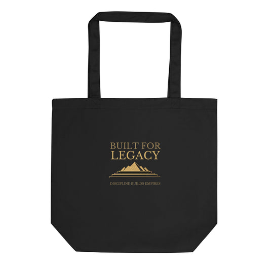 Black tote bag with “Built for Legacy” front print and top handles