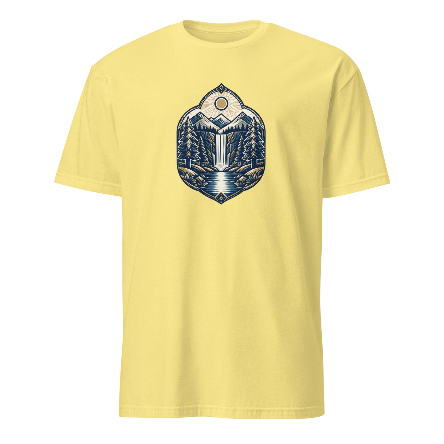 North Pyramids graphic tee, yellow, mountain crest front print