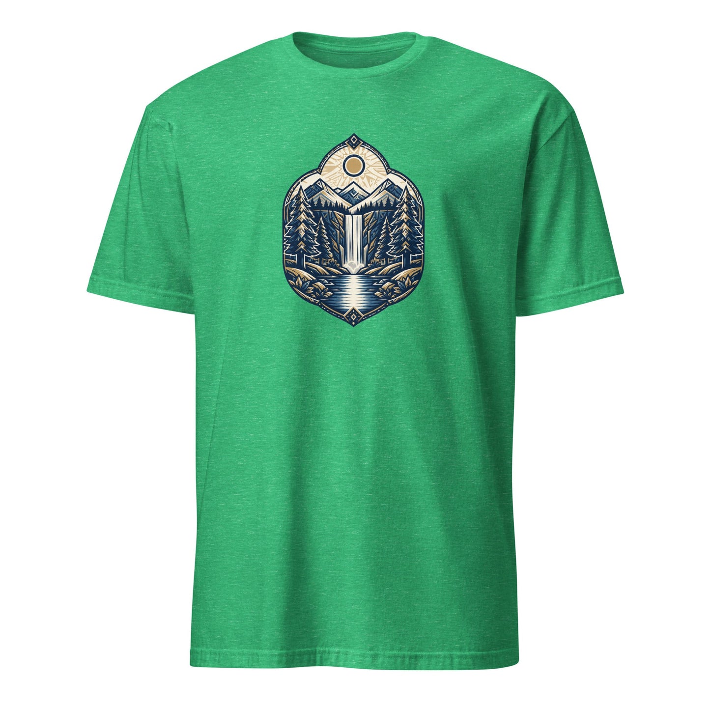 Green graphic tee with mountain logo front print
