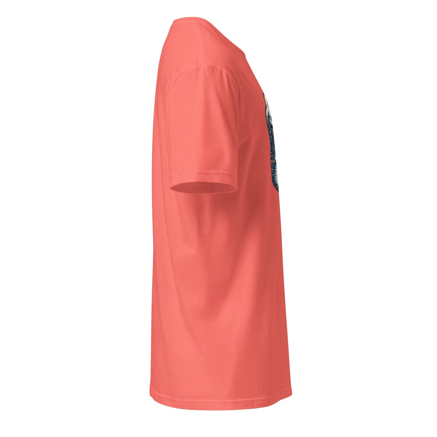 Coral red crewneck short-sleeve graphic tee, side view