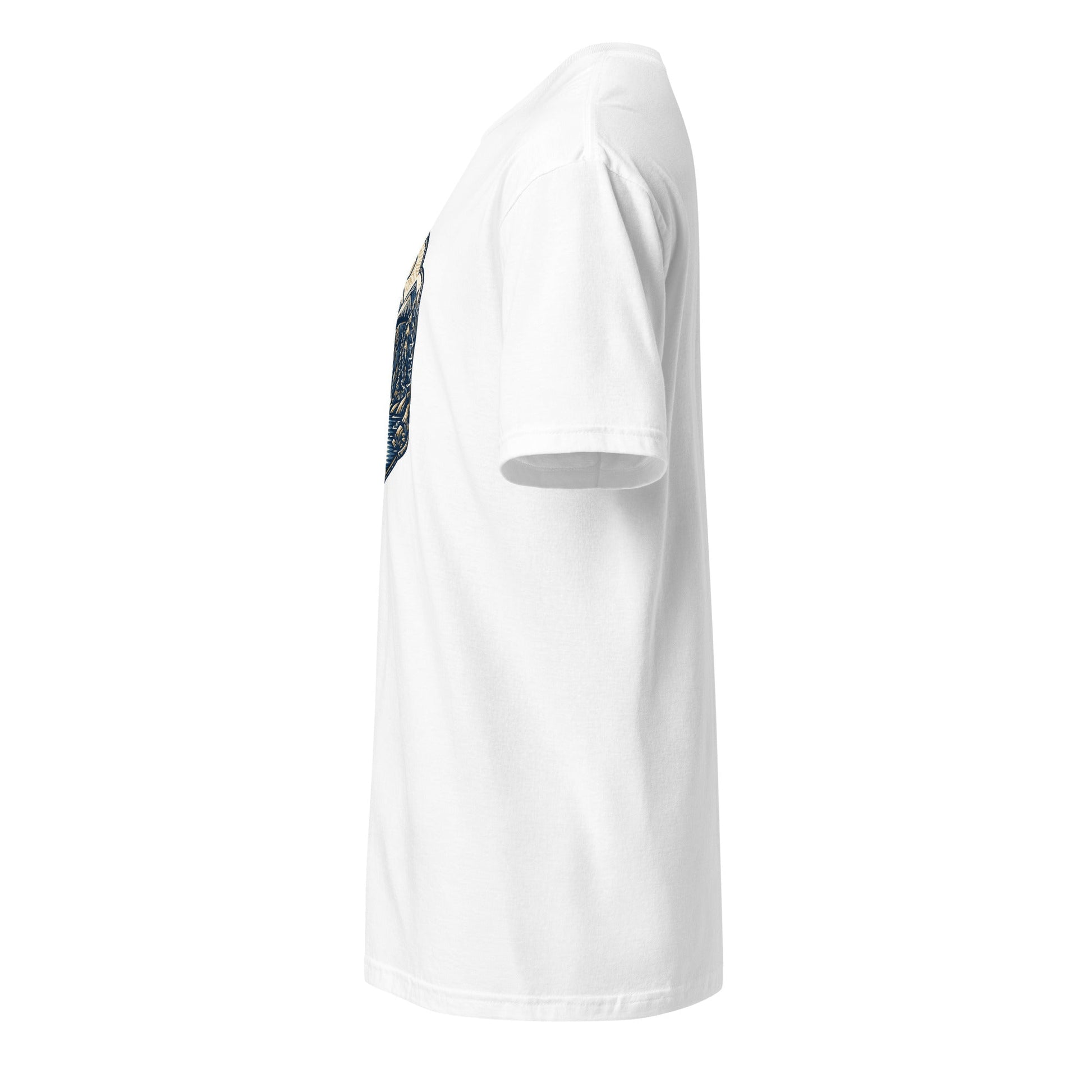 White graphic tee side view with partial mountain graphic on chest