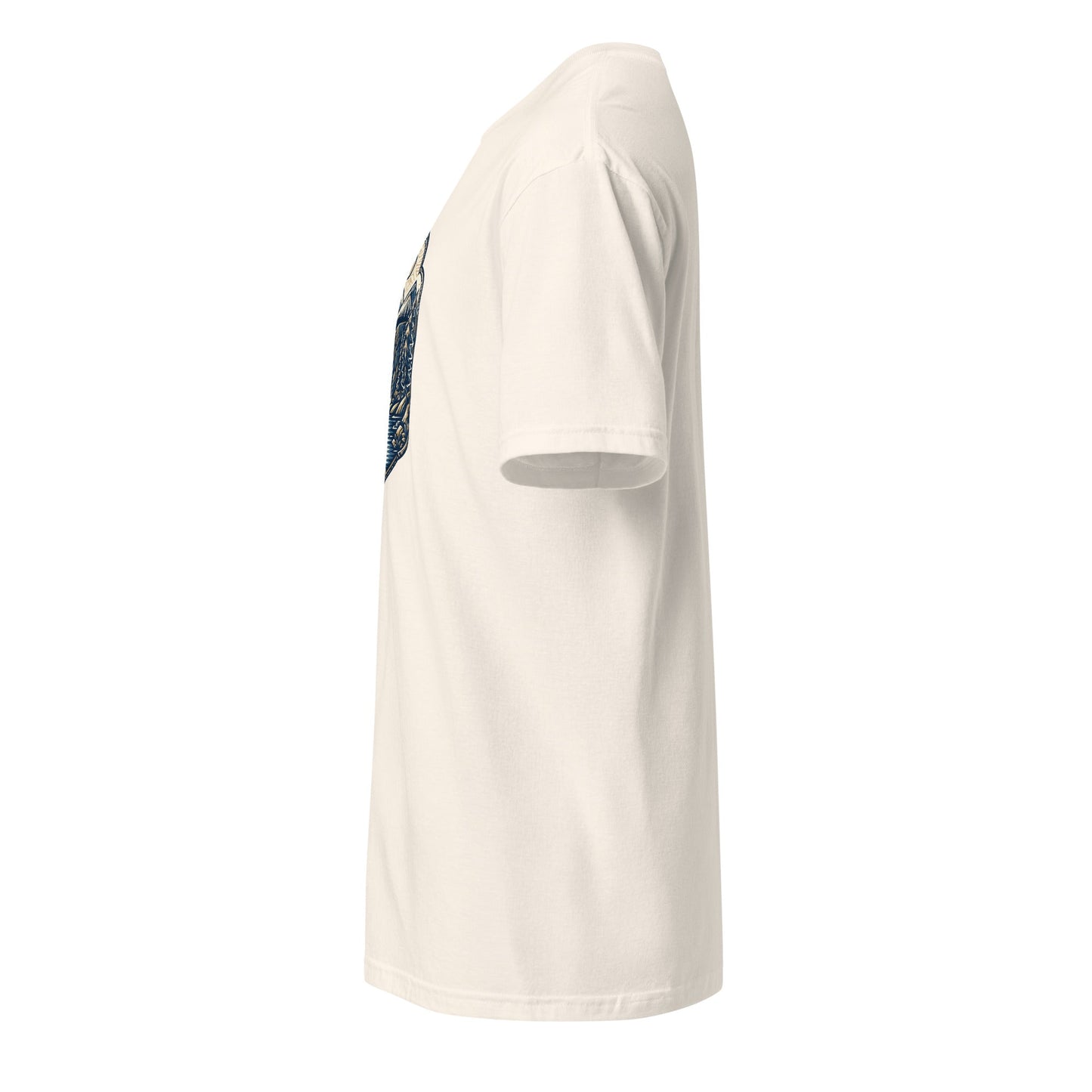 White graphic tee side view with mountain logo on left chest