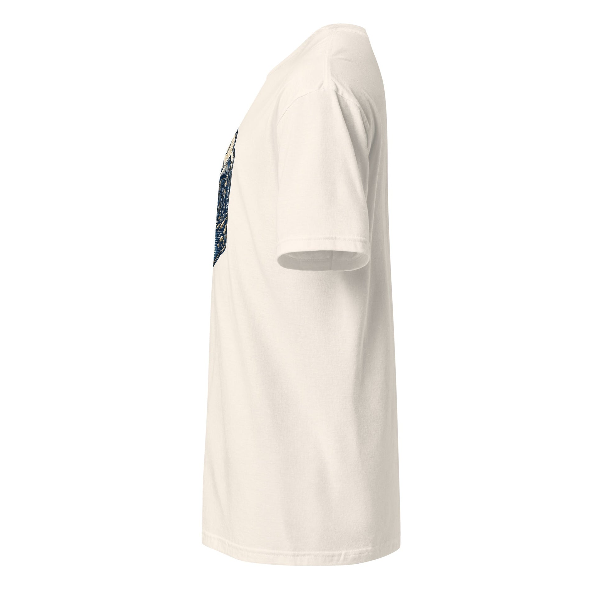 White graphic tee side view with mountain logo on left chest