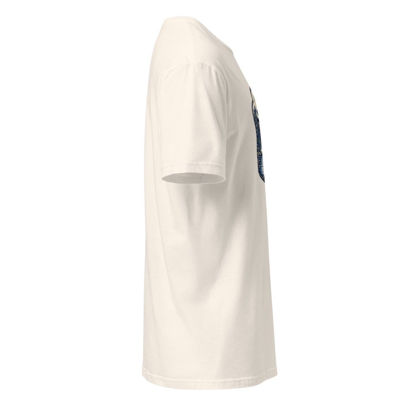 White graphic tee side view, mountain logo visible at shoulder