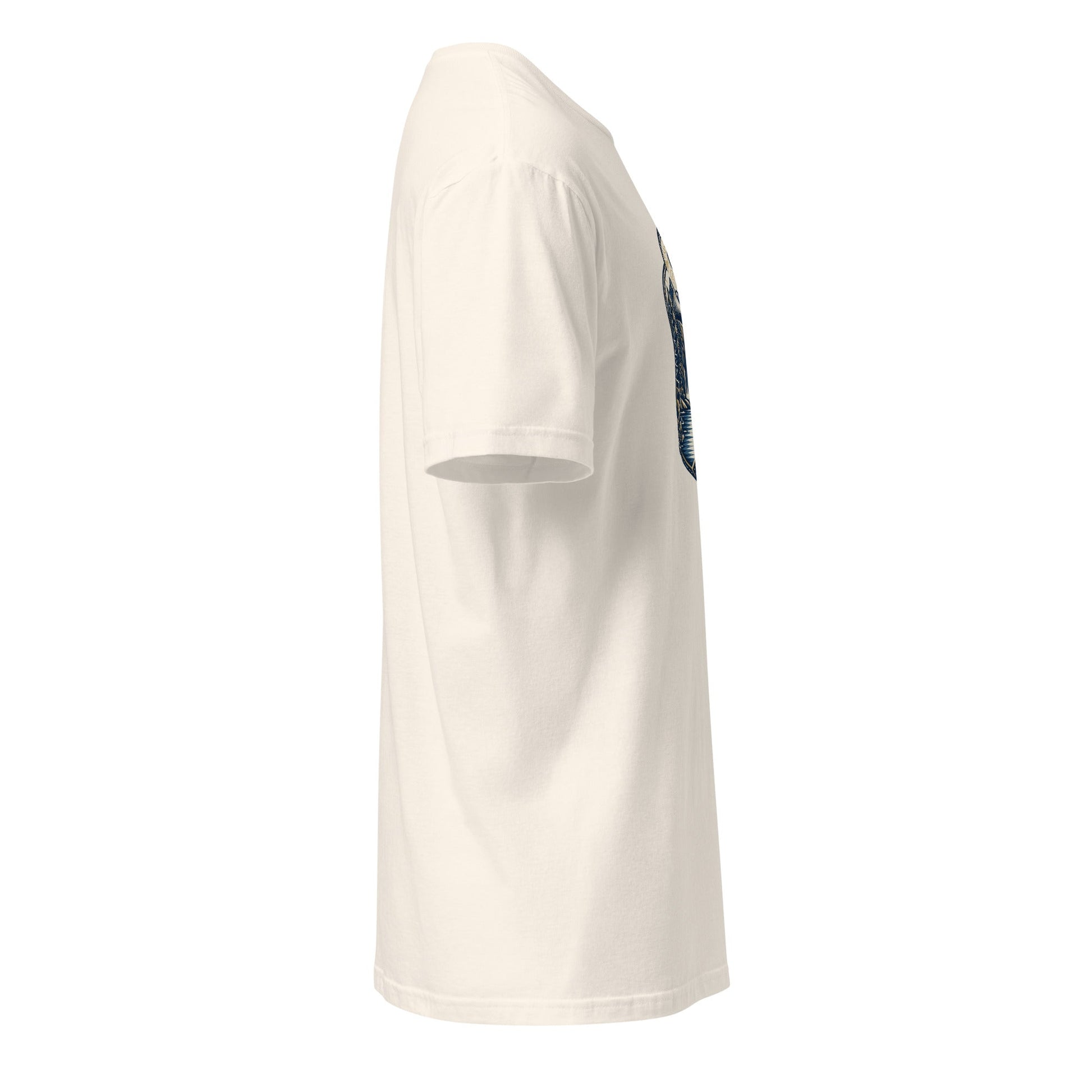 White graphic tee side view, mountain logo visible at shoulder