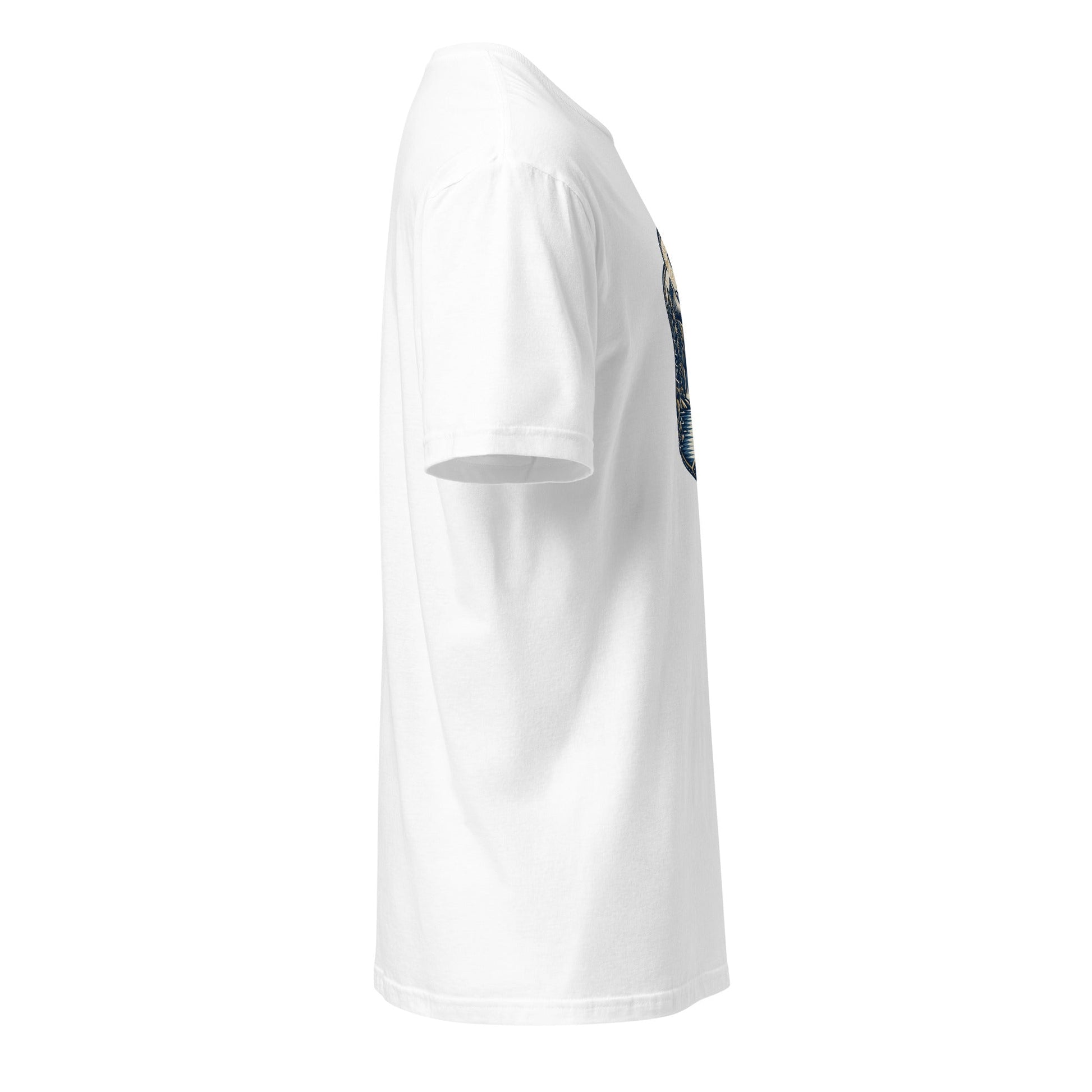 White graphic tee side view, mountain graphic at shoulder area
