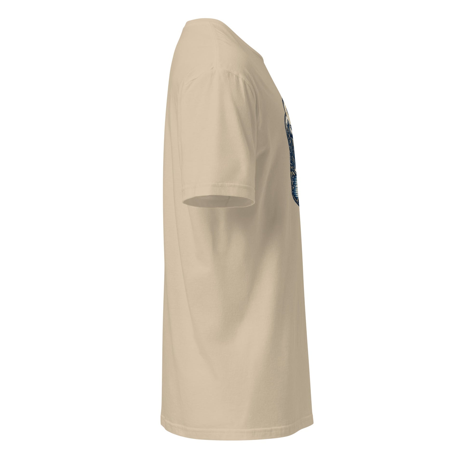 Sand beige crewneck short-sleeve graphic tee, angled side view