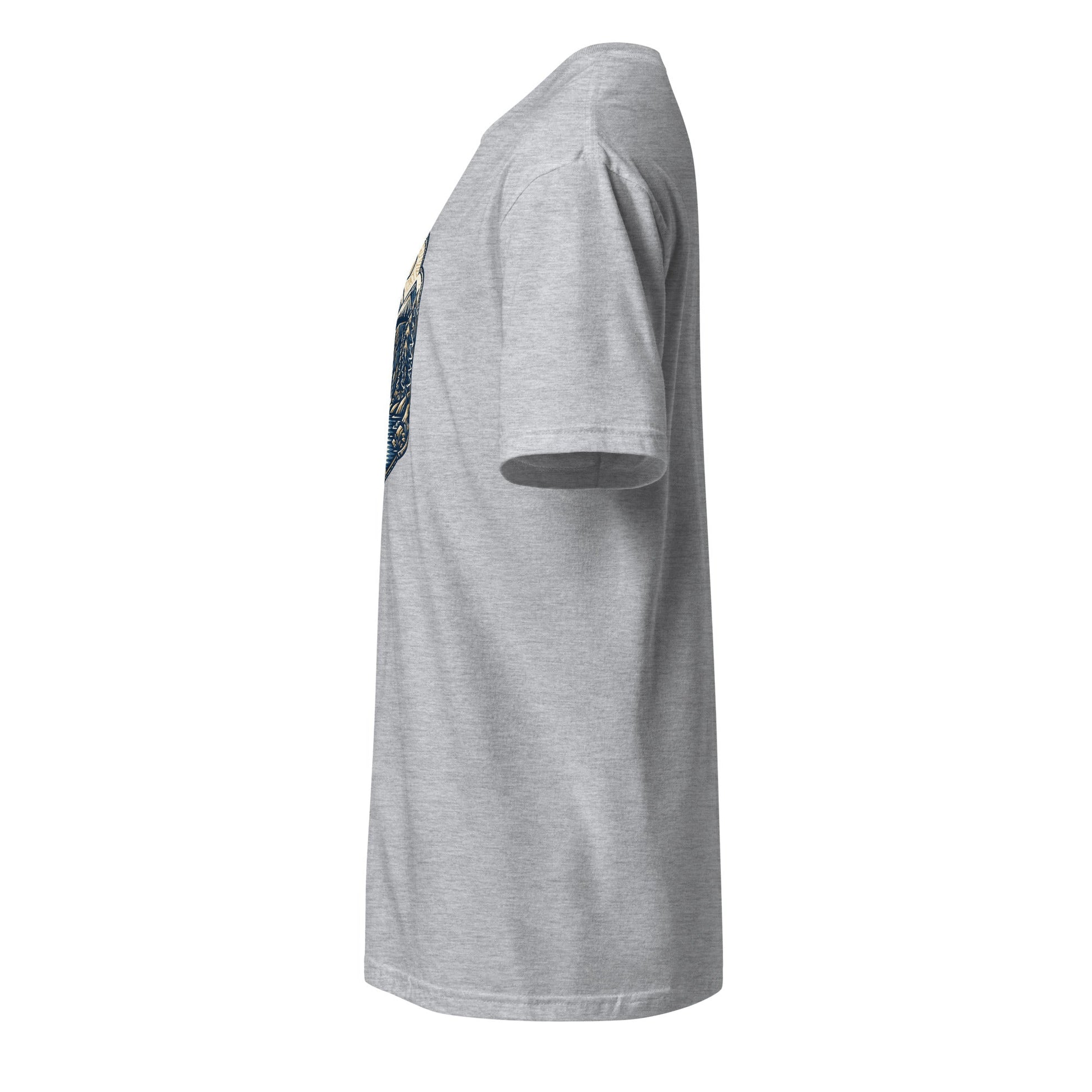 North Pyramids graphic tee, heather grey, side view with front graphic