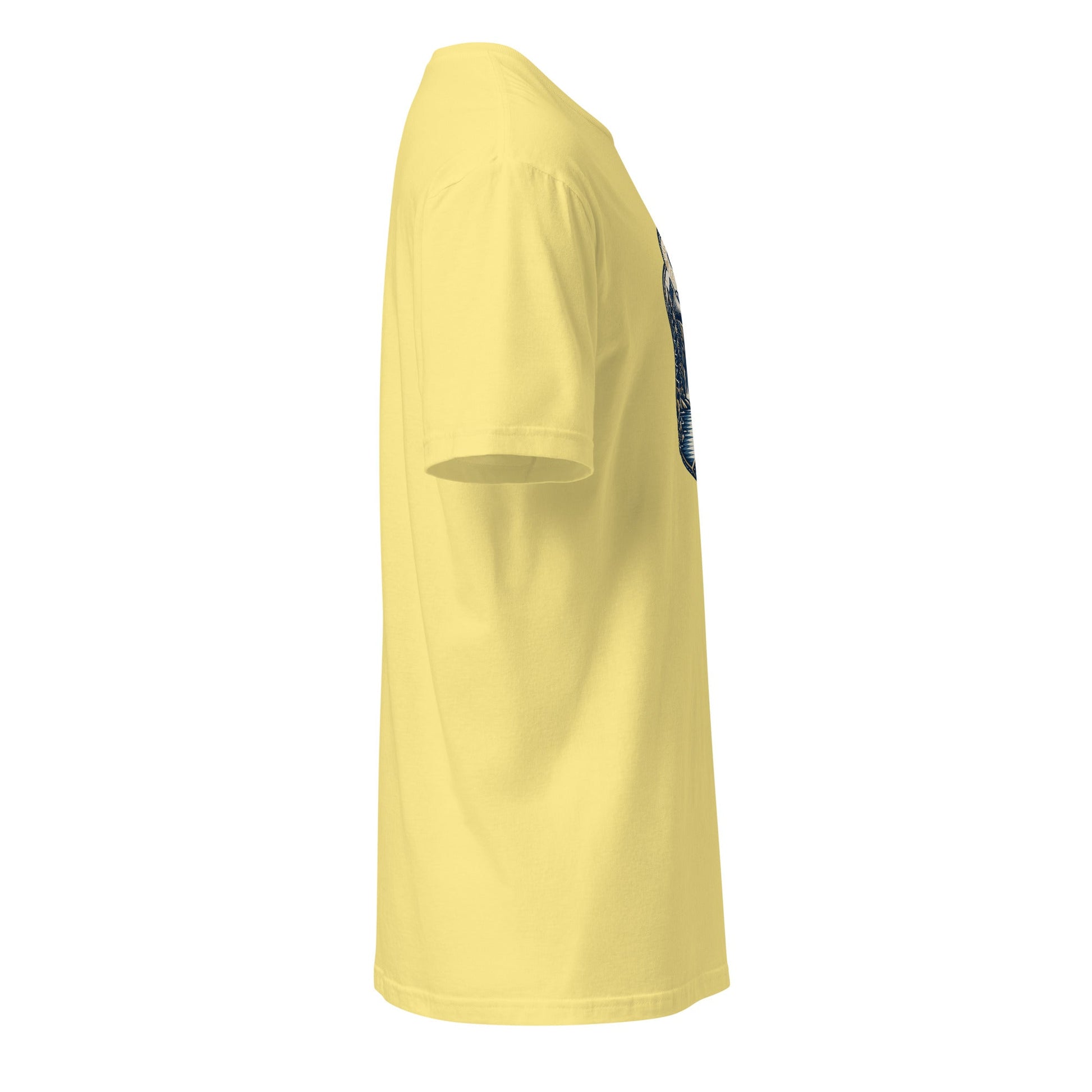 Sand yellow graphic tee, side view, mountain logo on left chest