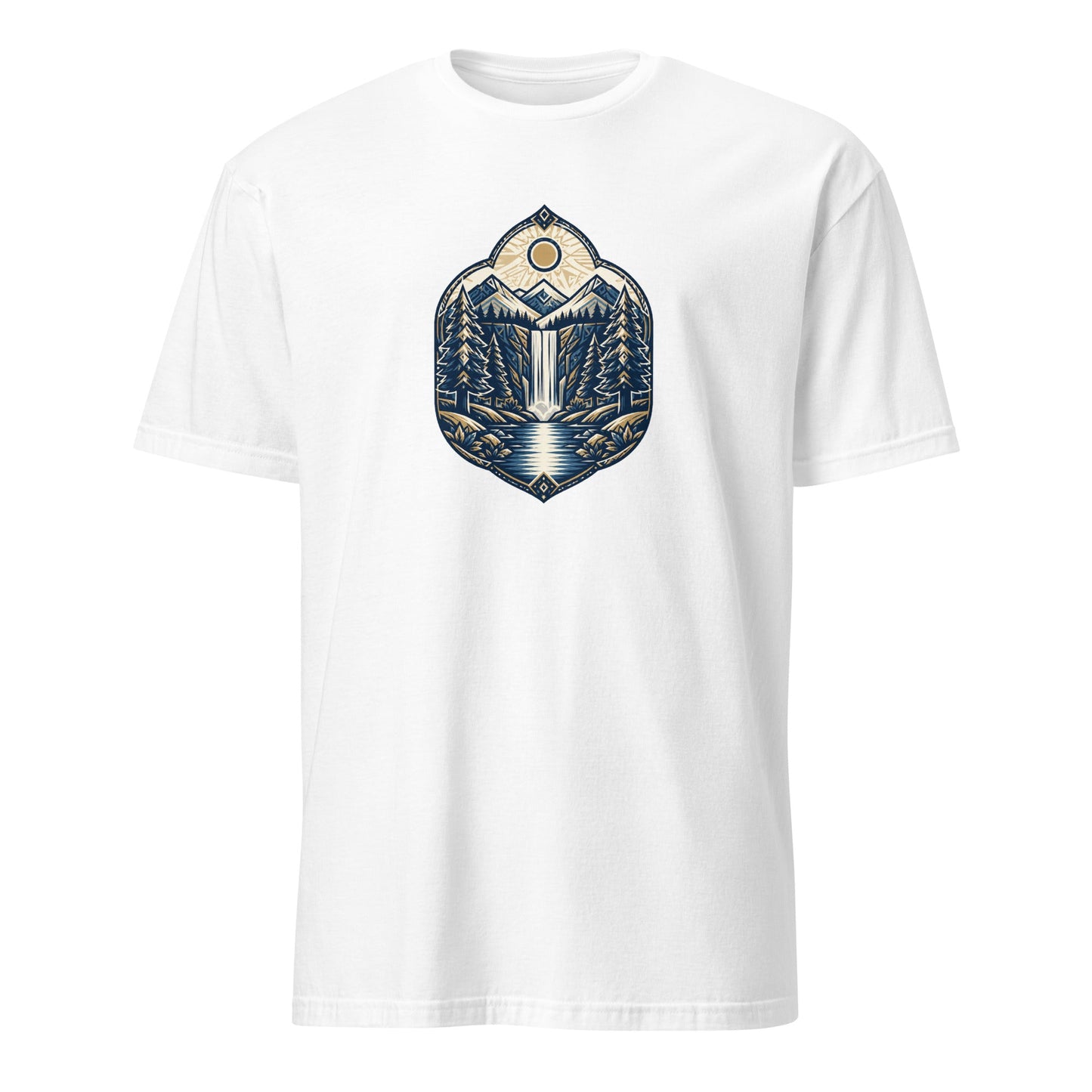 White graphic tee with mountain logo on front center