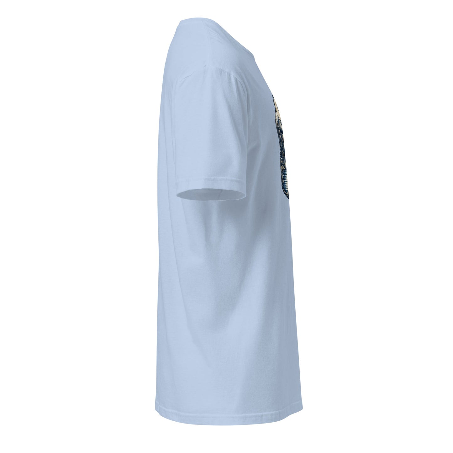 Light blue crewneck short-sleeve graphic tee, angled side view