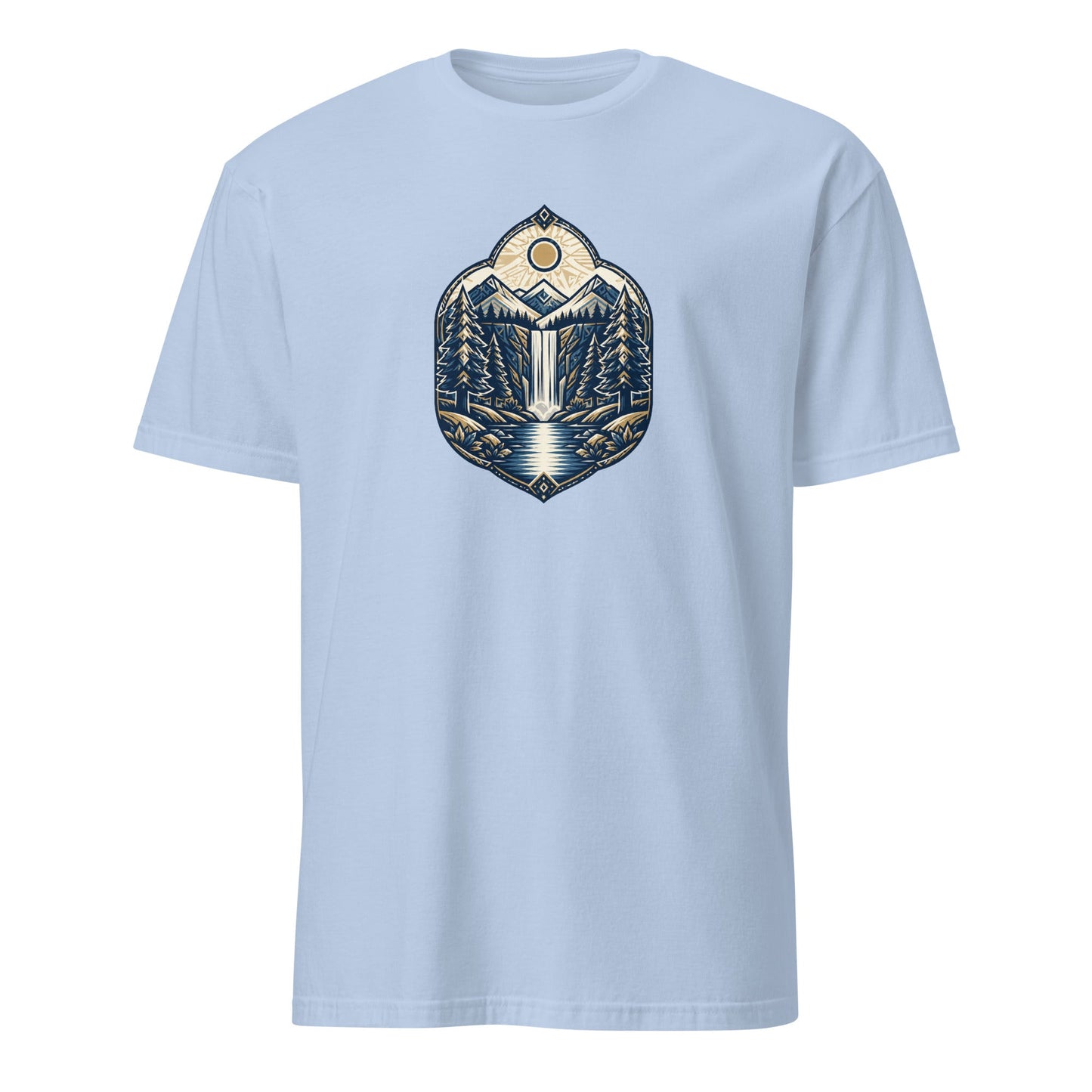 Light blue graphic tee with mountain logo front print