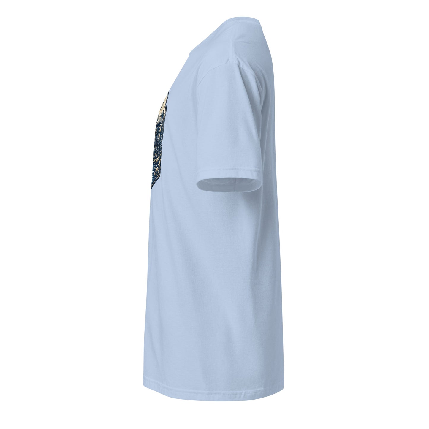 Light blue crewneck short-sleeve graphic tee, side view