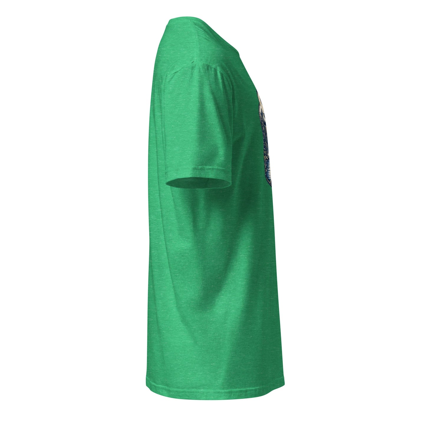 Green crewneck short-sleeve graphic tee, side view